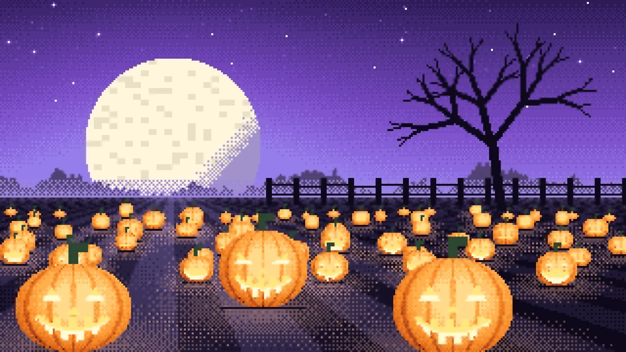 Purple Pixel Art Pumpkin Patch desktop wallpaper in 4K