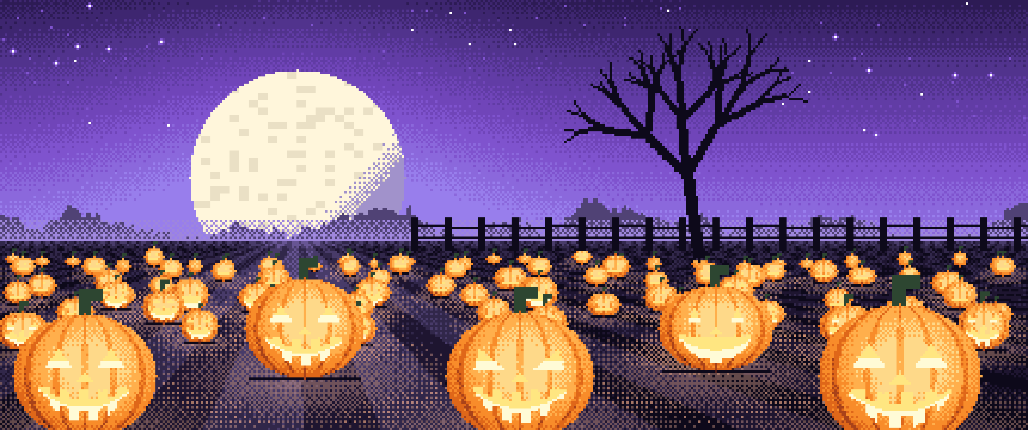 Purple Pixel Art Pumpkin Patch ultrawide wallpaper, 3440 × 1440
