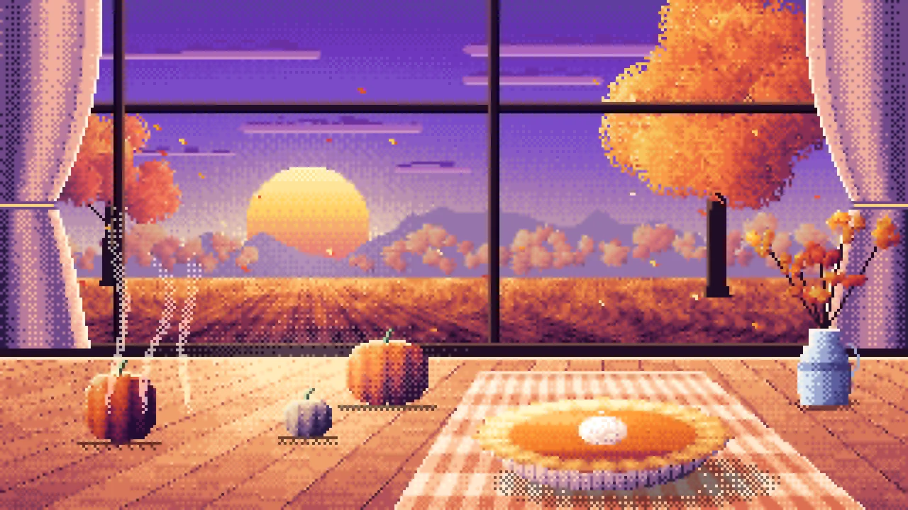 Purple Pixel Art Pumpkin Pie on a Windowsill at Sunset desktop wallpaper in 4K