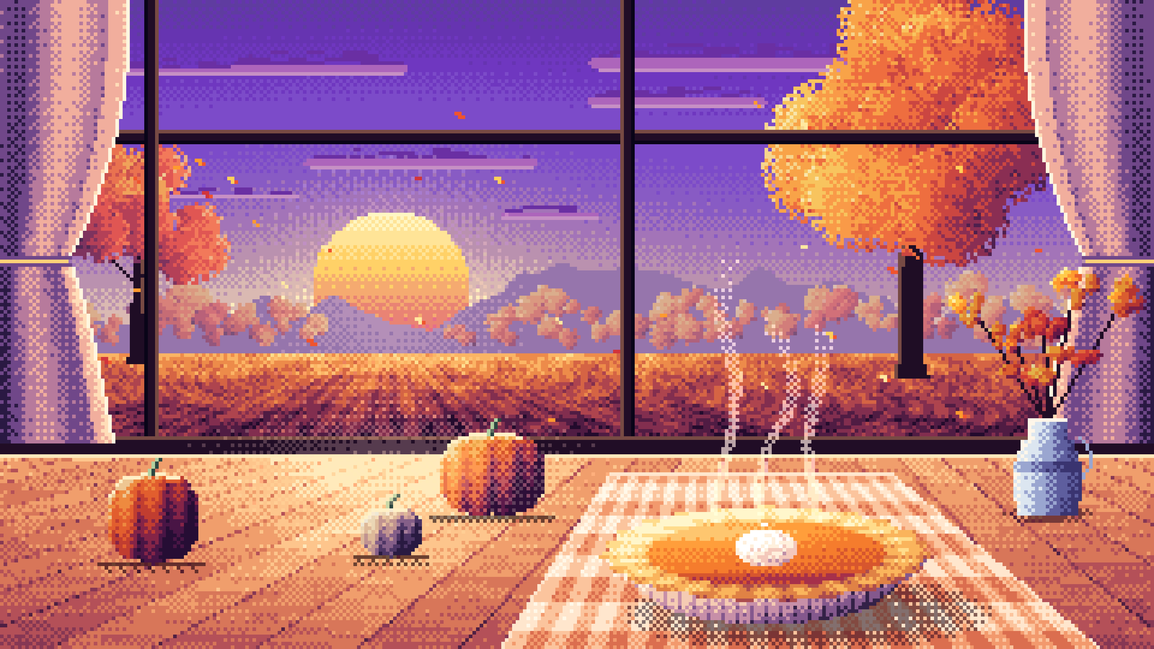 Purple Pixel Art Pumpkin Pie on a Windowsill at Sunset desktop wallpaper in 4K