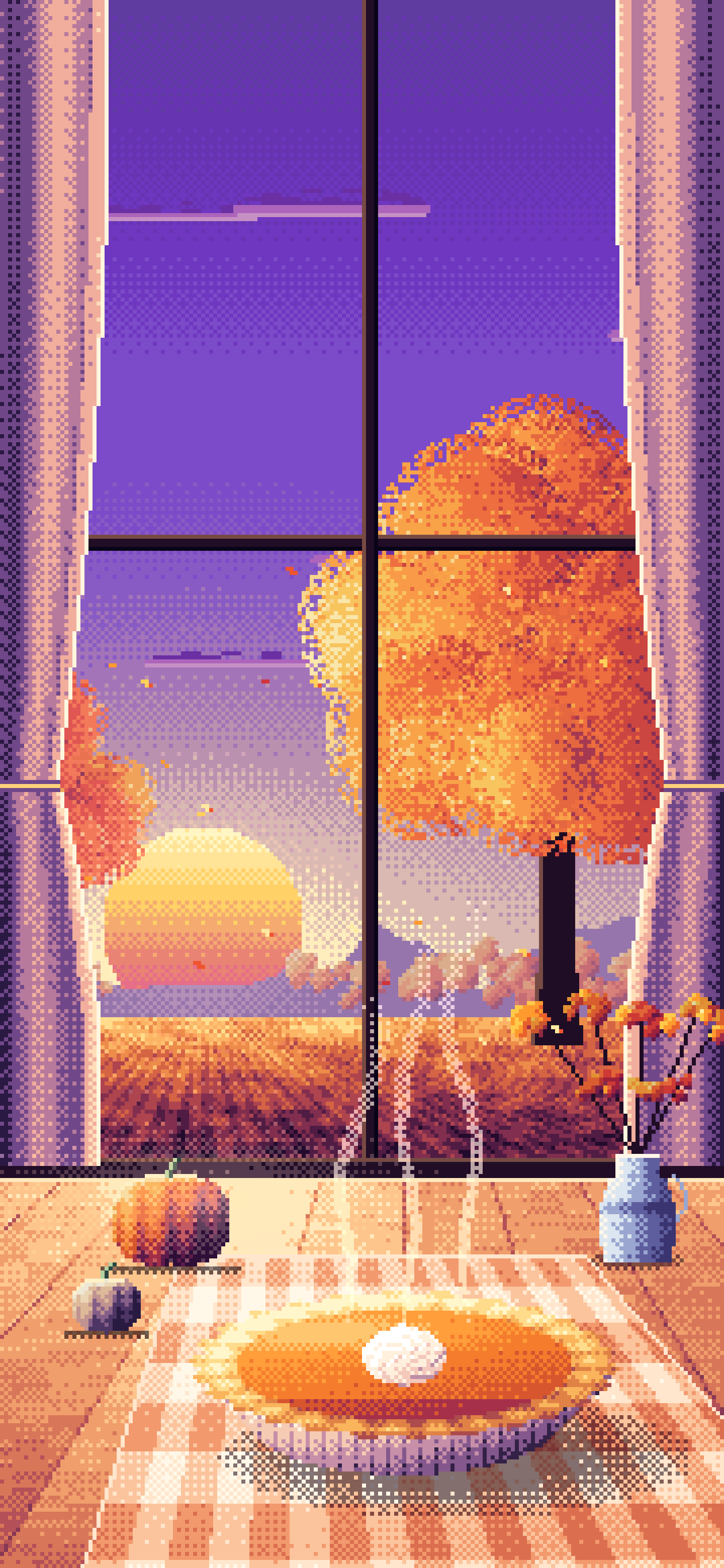 Purple Pixel Art Pumpkin Pie on a Windowsill at Sunset wallpaper for iPhone and Android