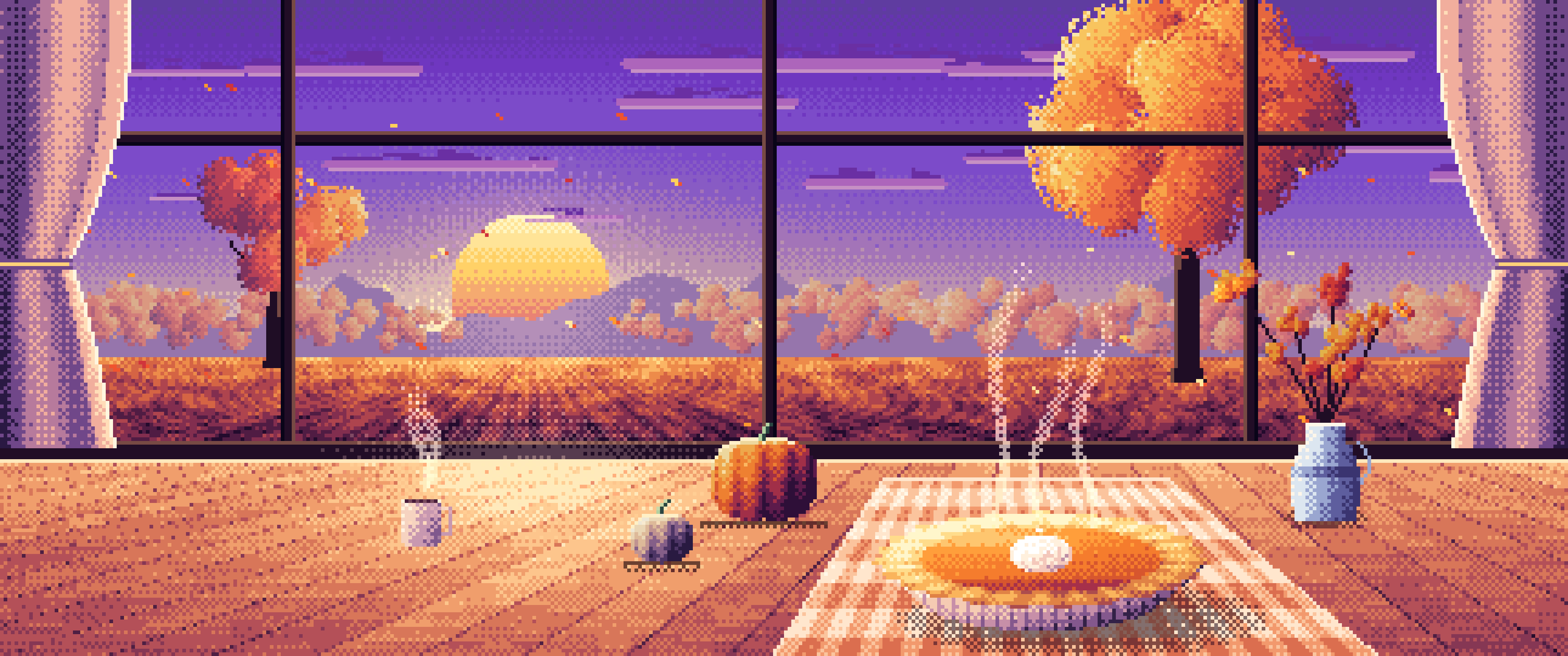 Purple Pixel Art Pumpkin Pie on a Windowsill at Sunset ultrawide wallpaper, 3440 × 1440