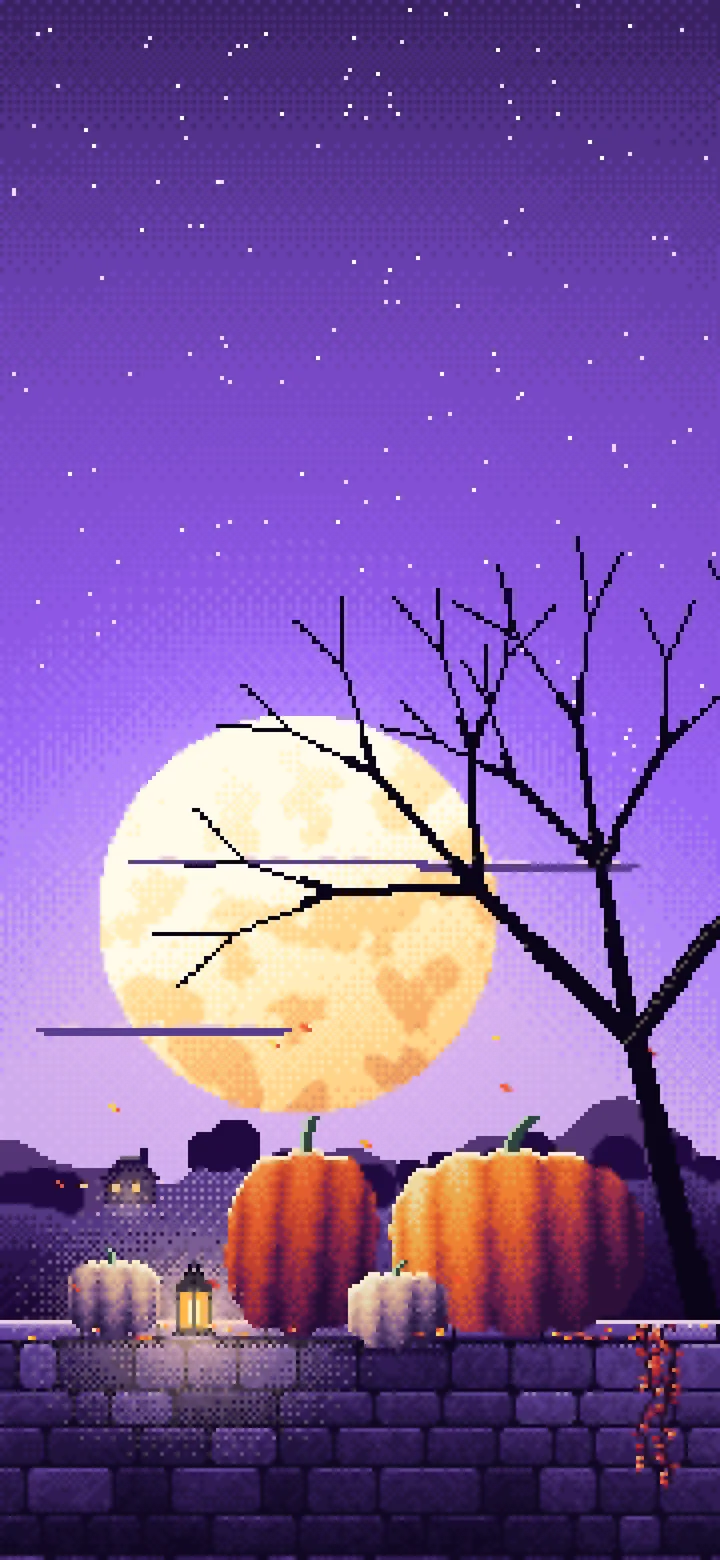 Purple Pixel Art Pumpkins and Harvest Moon wallpaper for iPhone and Android
