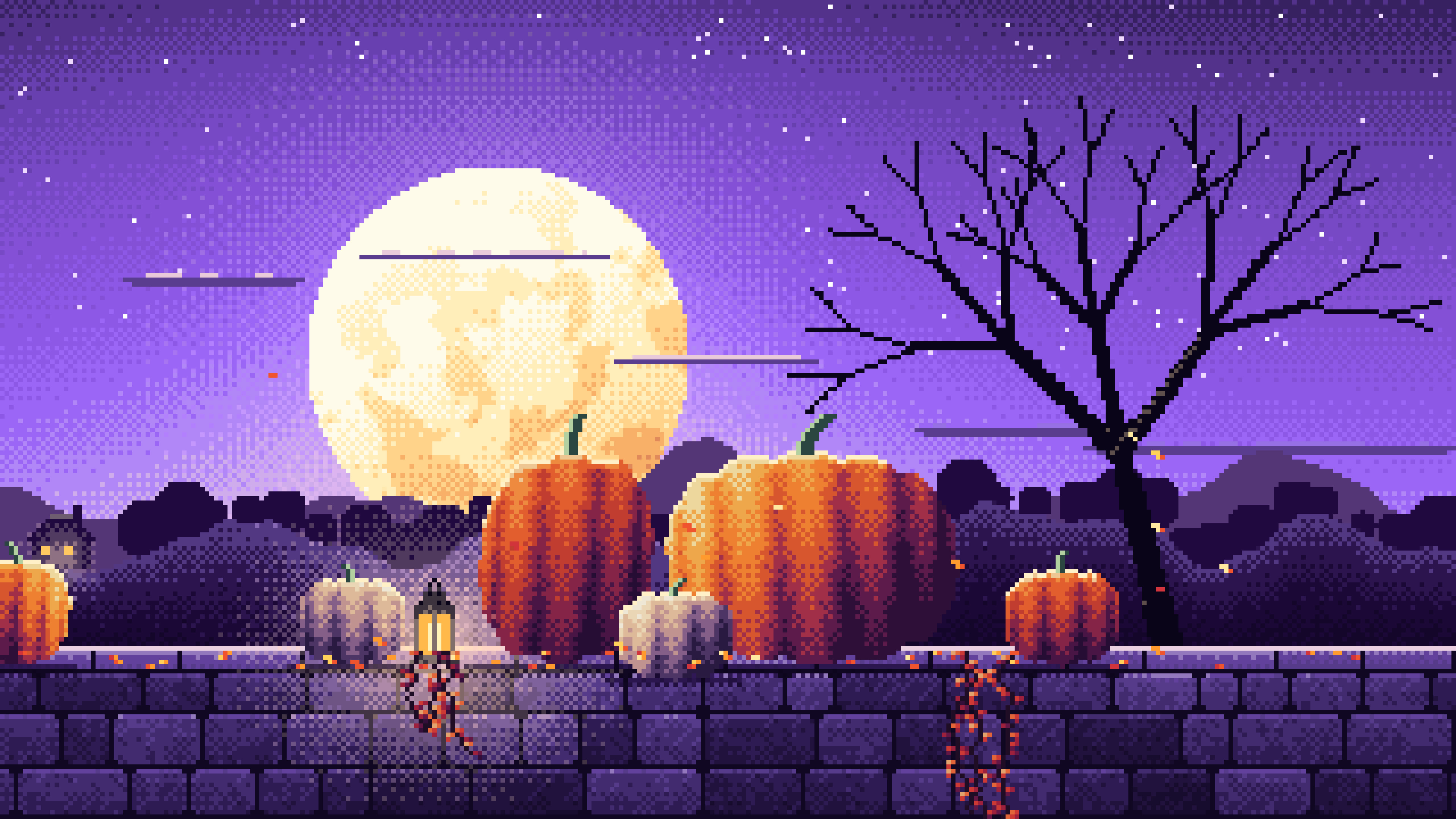 Purple Pixel Art Pumpkins and Harvest Moon desktop wallpaper in 4K