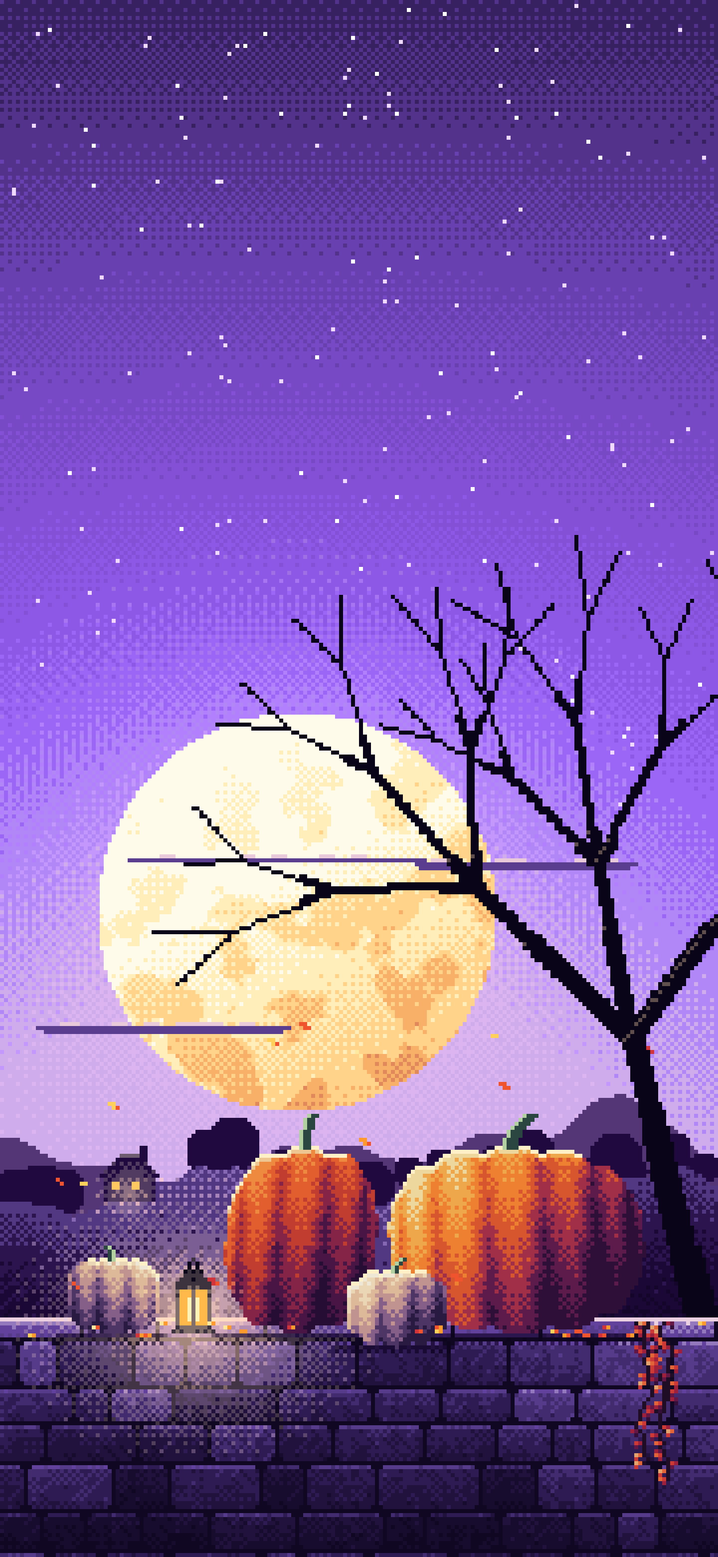 Purple Pixel Art Pumpkins and Harvest Moon wallpaper for iPhone and Android