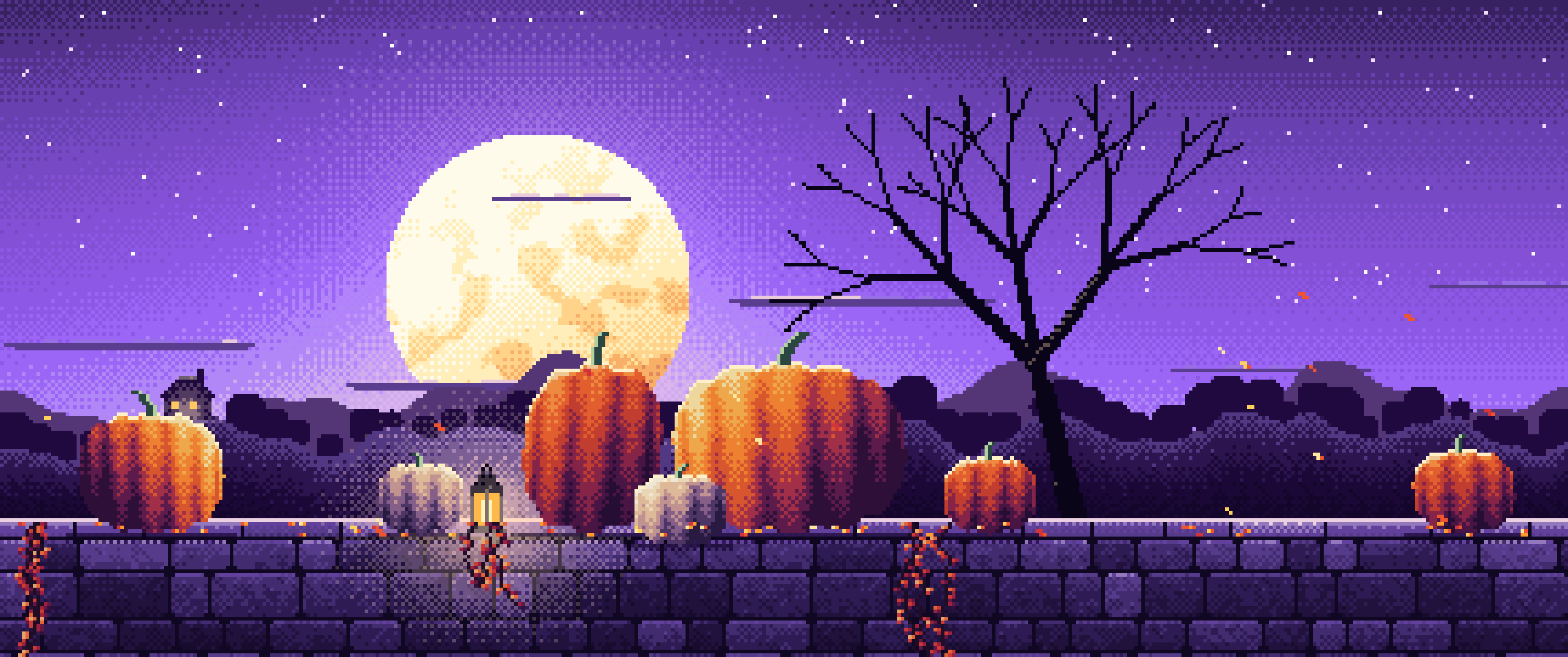 Purple Pixel Art Pumpkins and Harvest Moon ultrawide wallpaper, 3440 × 1440