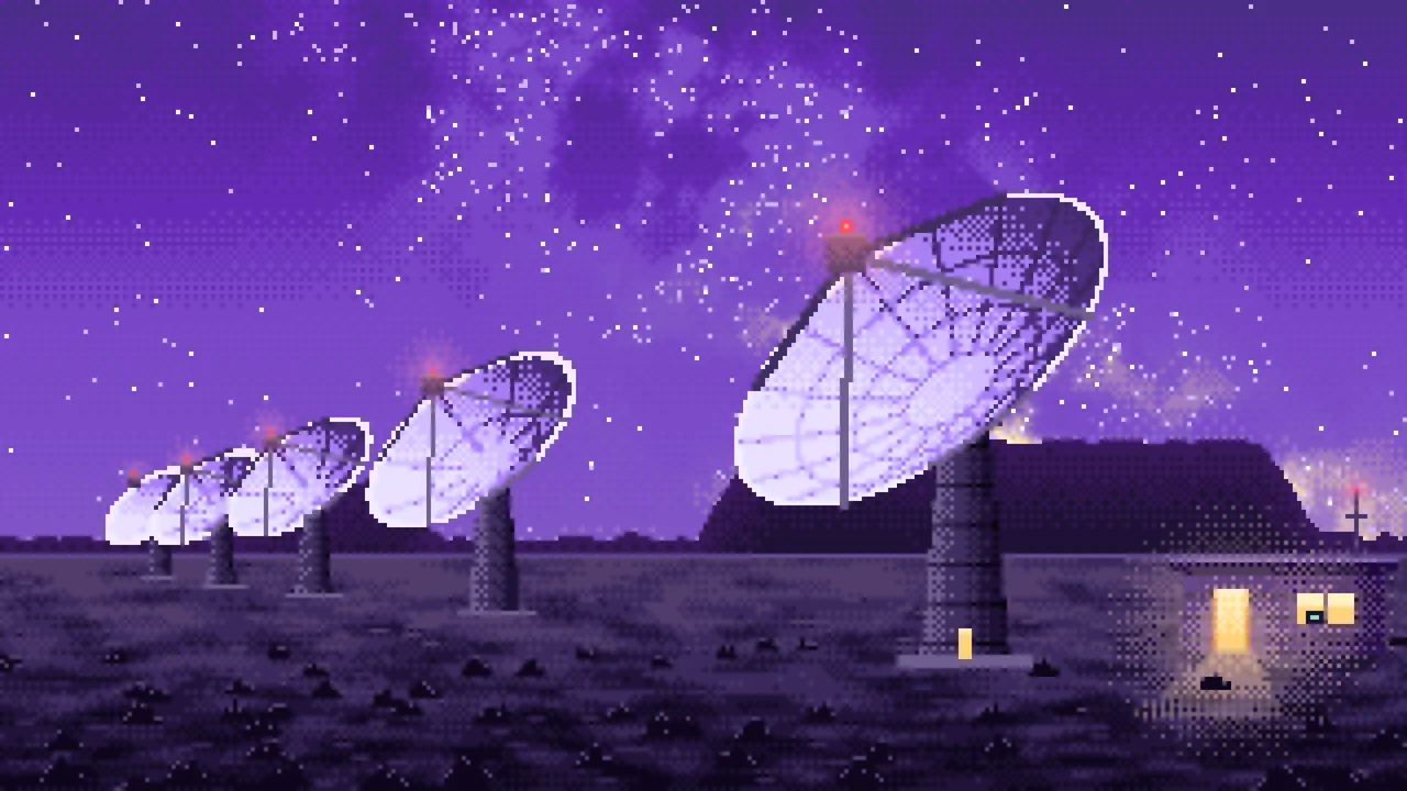 Purple Pixel Art Radio Telescopes Under the Milky Way desktop wallpaper in 4K