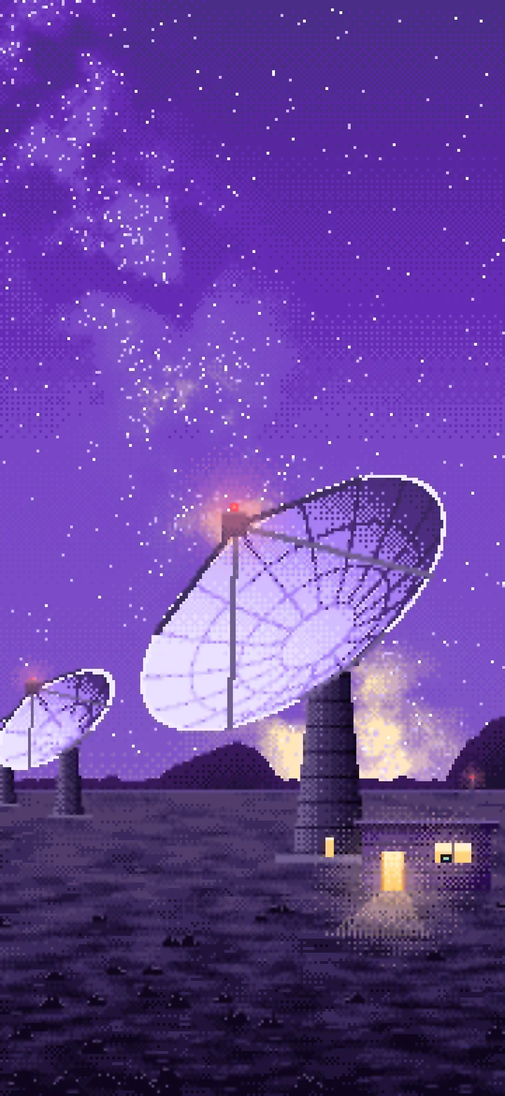 Purple Pixel Art Radio Telescopes Under the Milky Way wallpaper for iPhone and Android