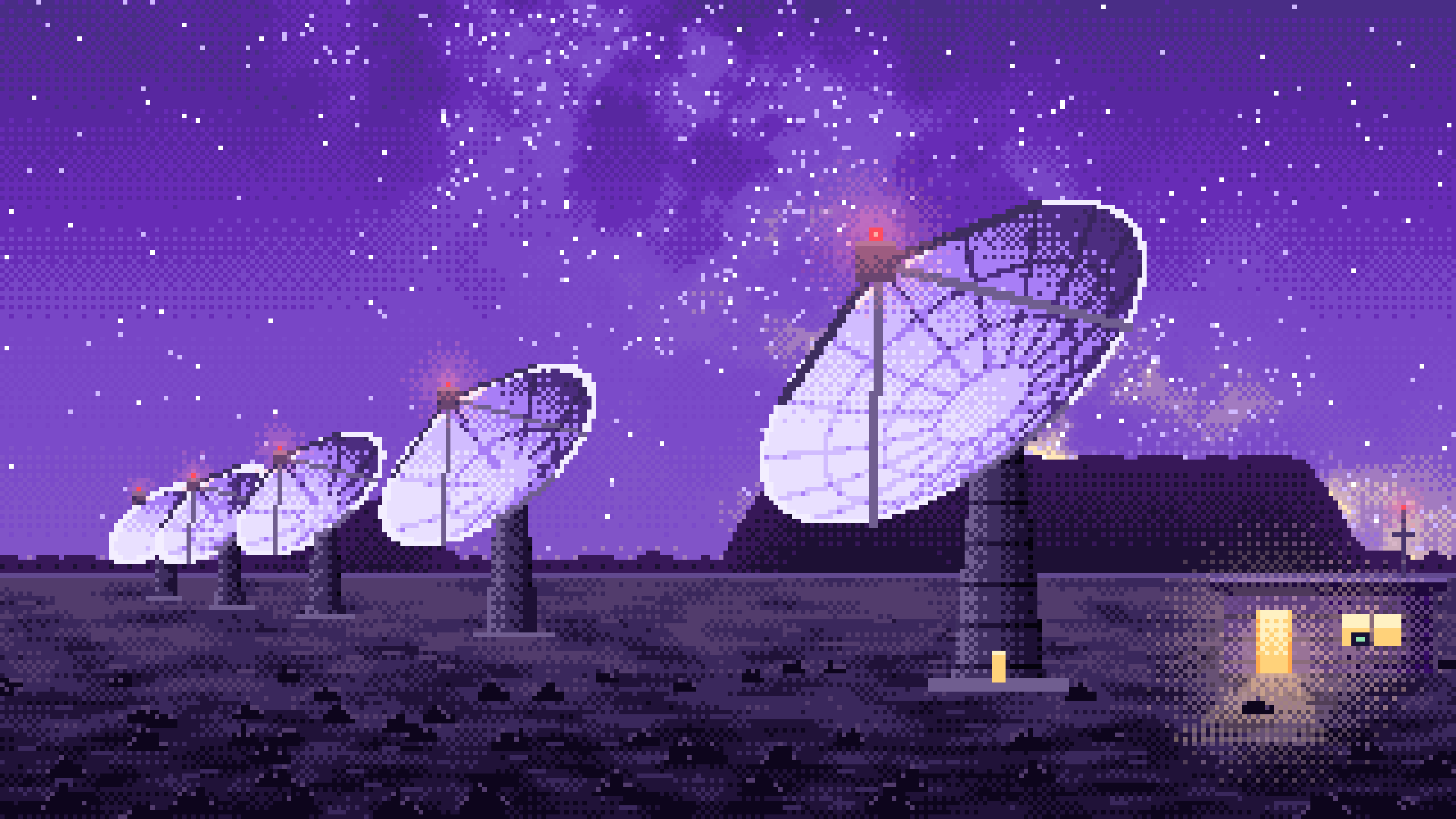 Purple Pixel Art Radio Telescopes Under the Milky Way desktop wallpaper in 4K