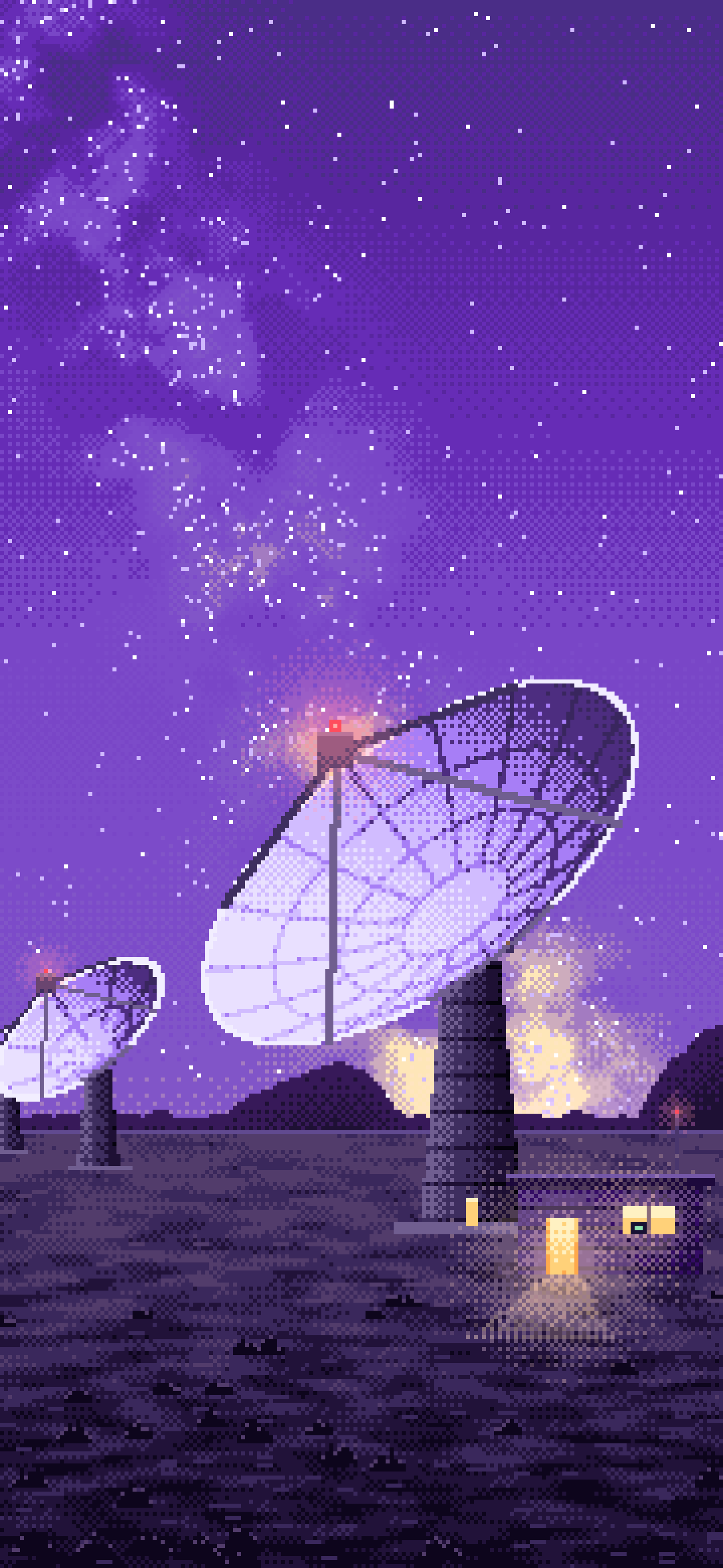 Purple Pixel Art Radio Telescopes Under the Milky Way wallpaper for iPhone and Android