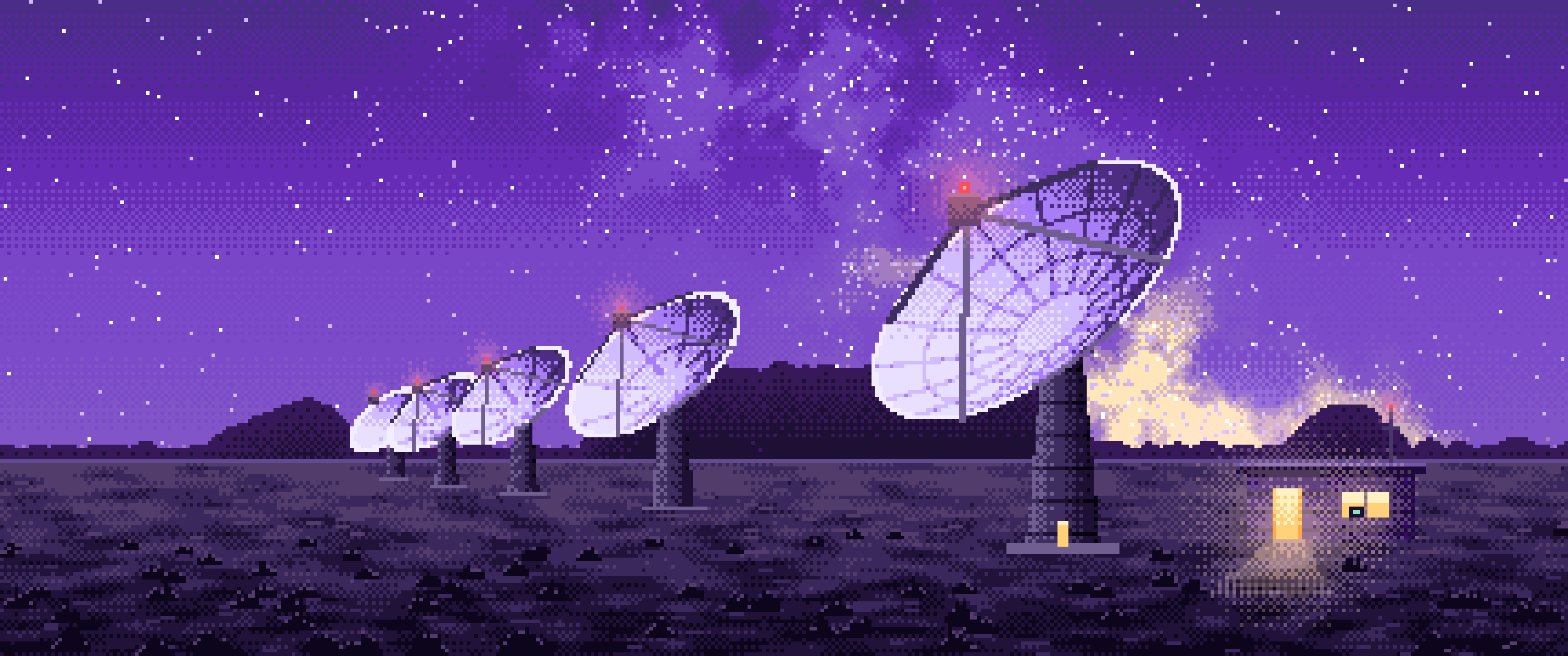 Purple Pixel Art Radio Telescopes Under the Milky Way ultrawide wallpaper, 3440 × 1440