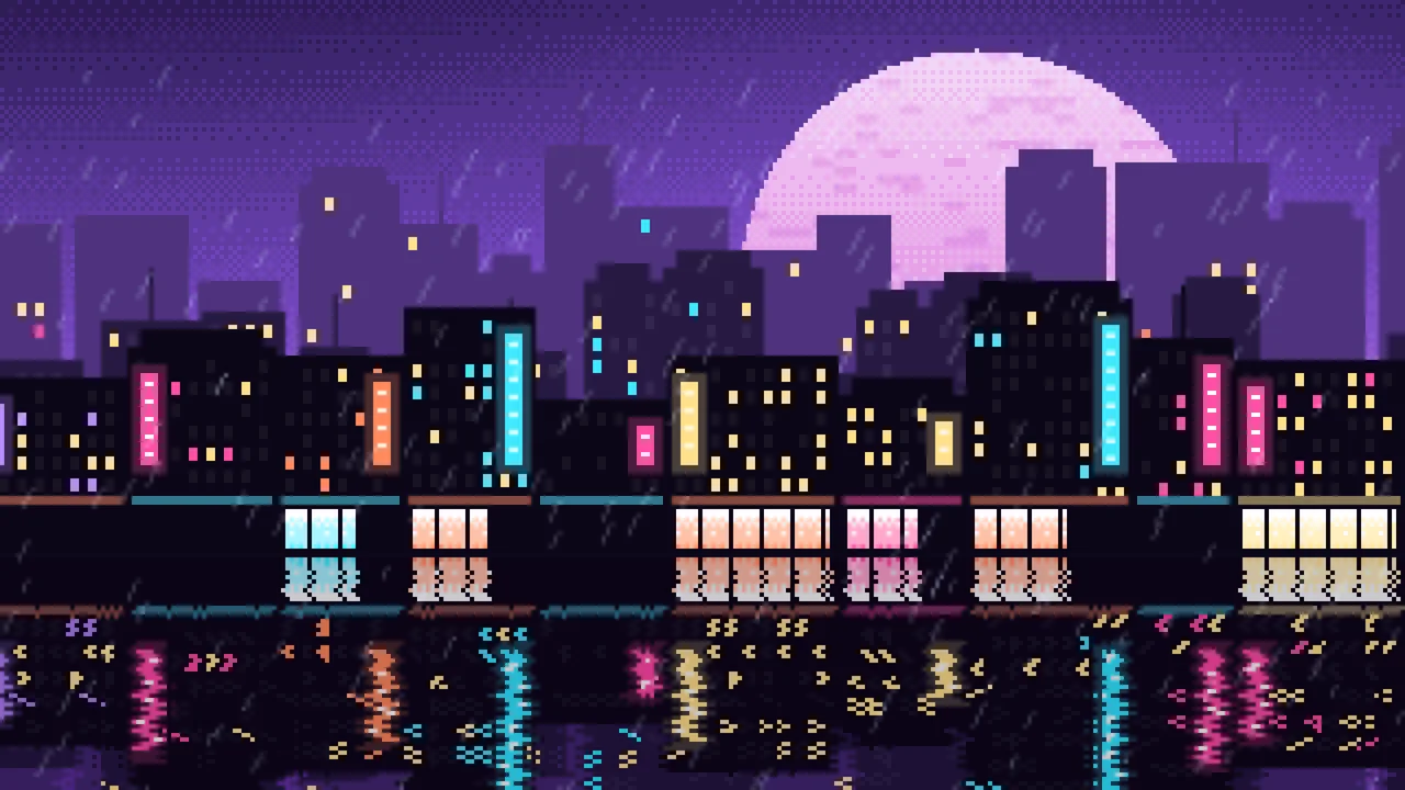 Purple Pixel Art Rainy City desktop wallpaper in 4K