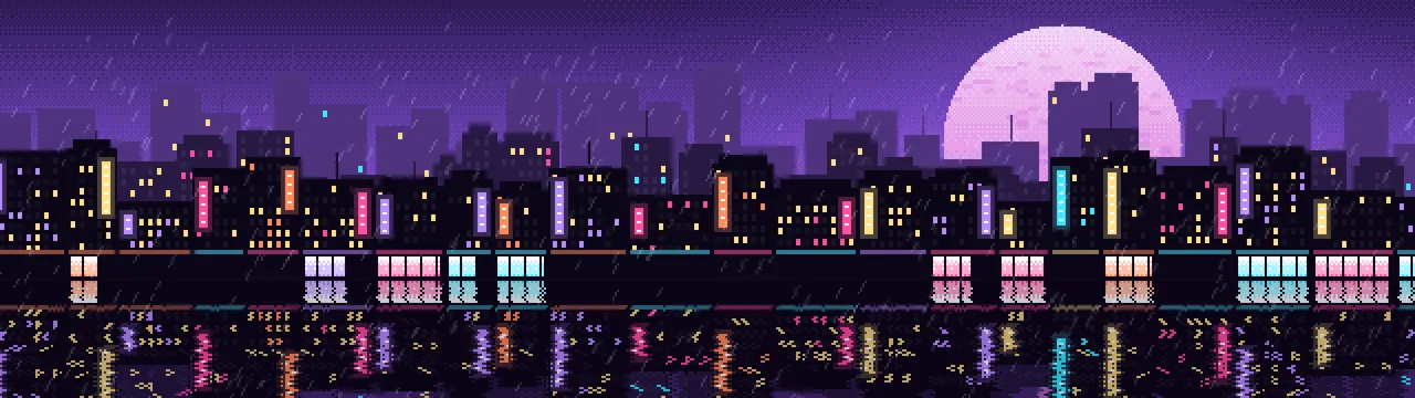 Purple Pixel Art Rainy City dual monitor wallpaper, 7680 × 2160