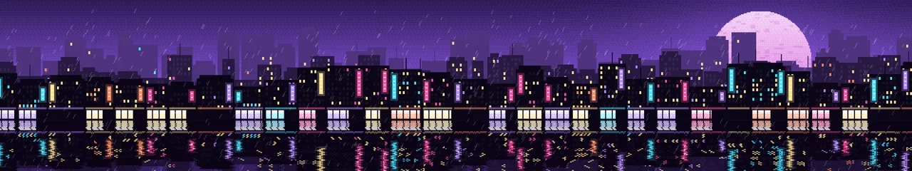 Purple Pixel Art Rainy City triple monitor wallpaper, 7680 × 1440