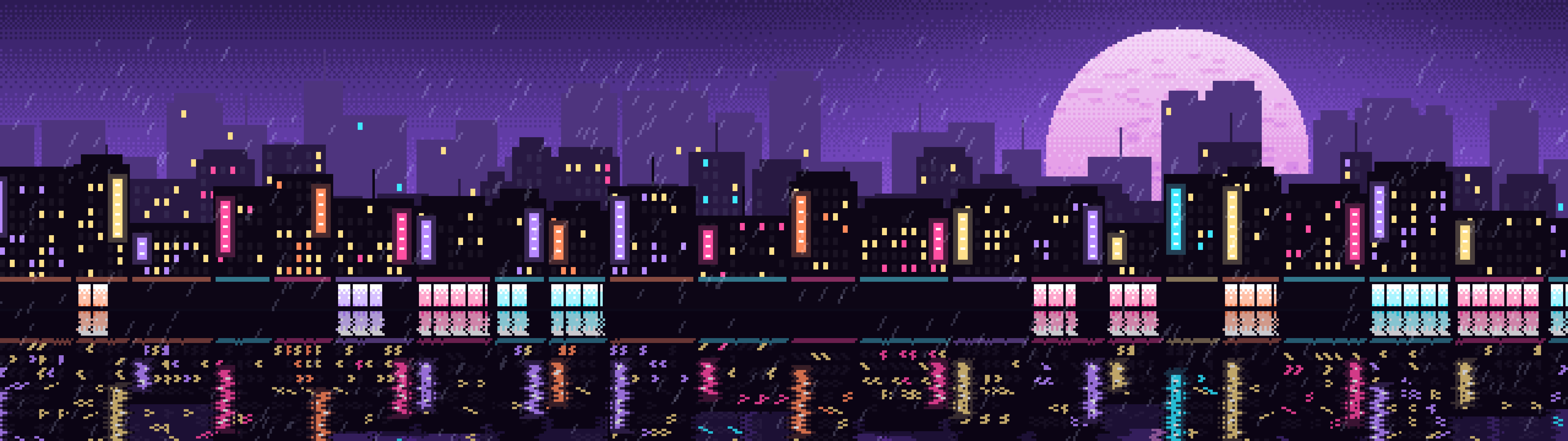 Purple Pixel Art Rainy City dual monitor wallpaper, 7680 × 2160