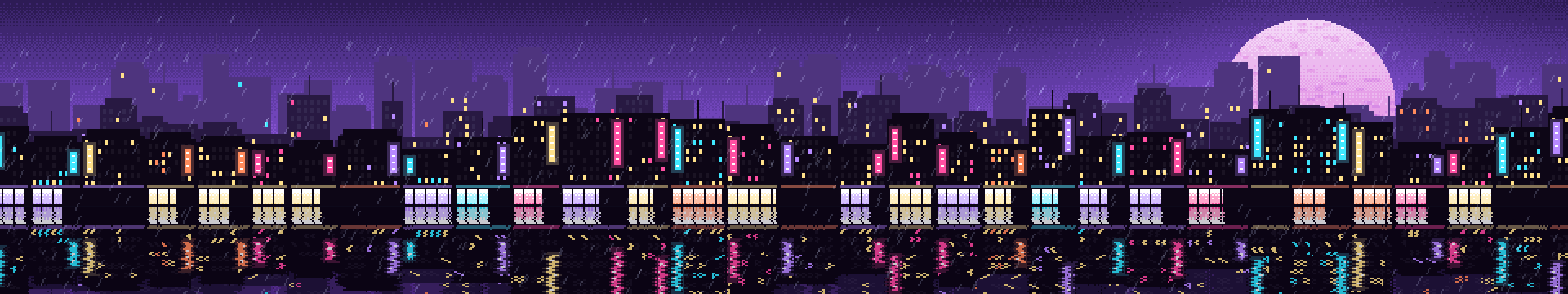 Purple Pixel Art Rainy City triple monitor wallpaper, 7680 × 1440