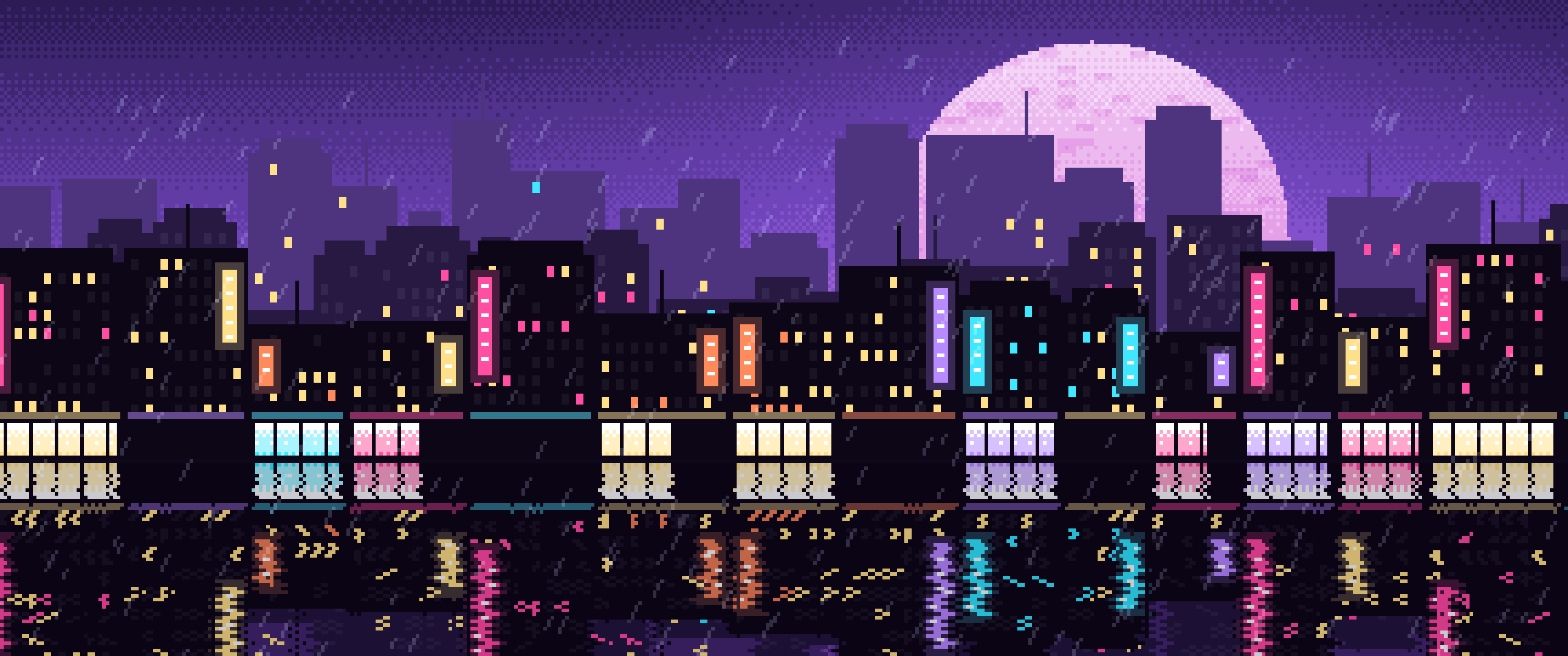Purple Pixel Art Rainy City ultrawide wallpaper, 3440 × 1440