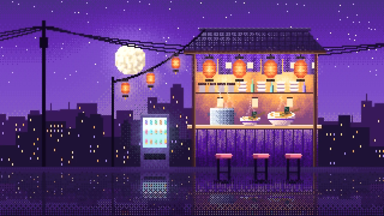 Purple Pixel Art Ramen Stall at Night desktop wallpaper in 4K