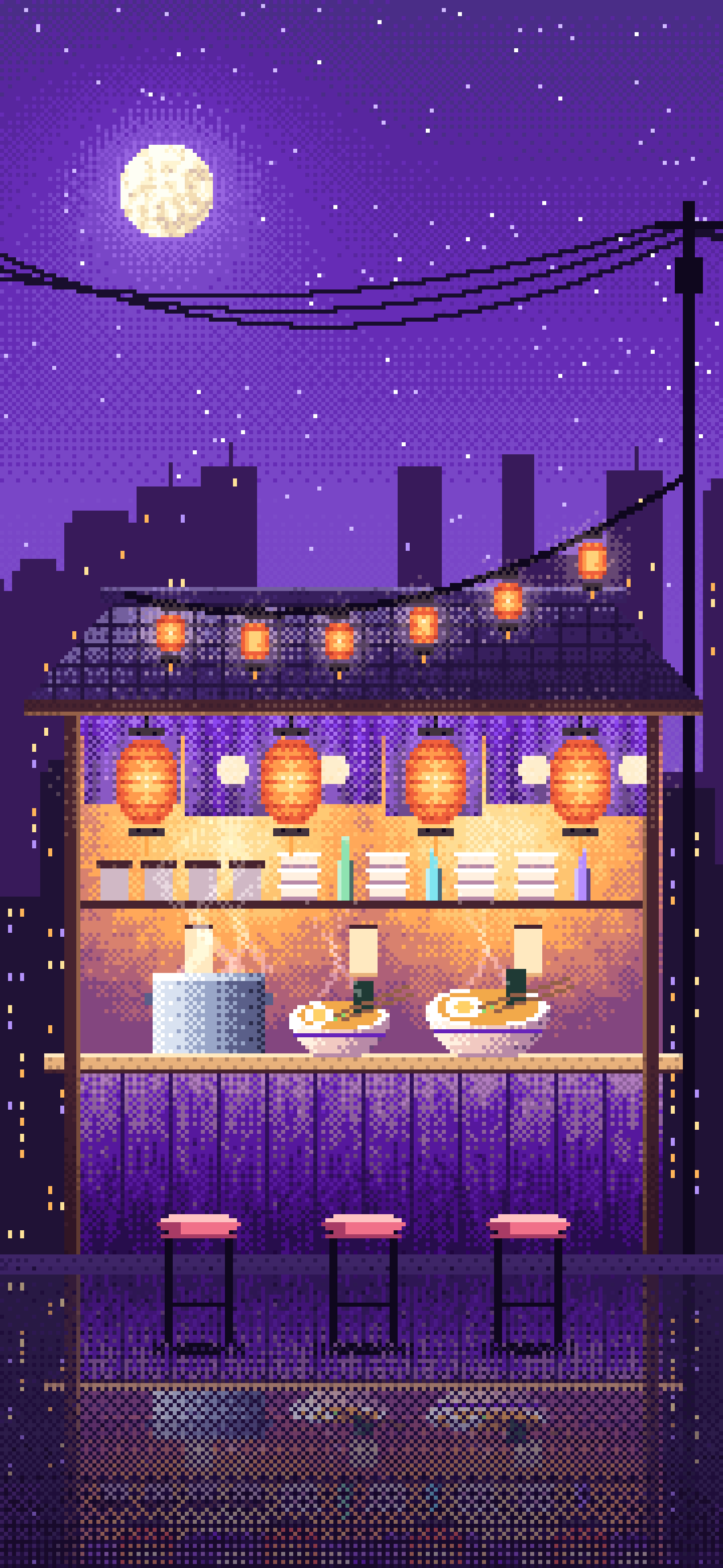 Purple Pixel Art Ramen Stall at Night wallpaper for iPhone and Android