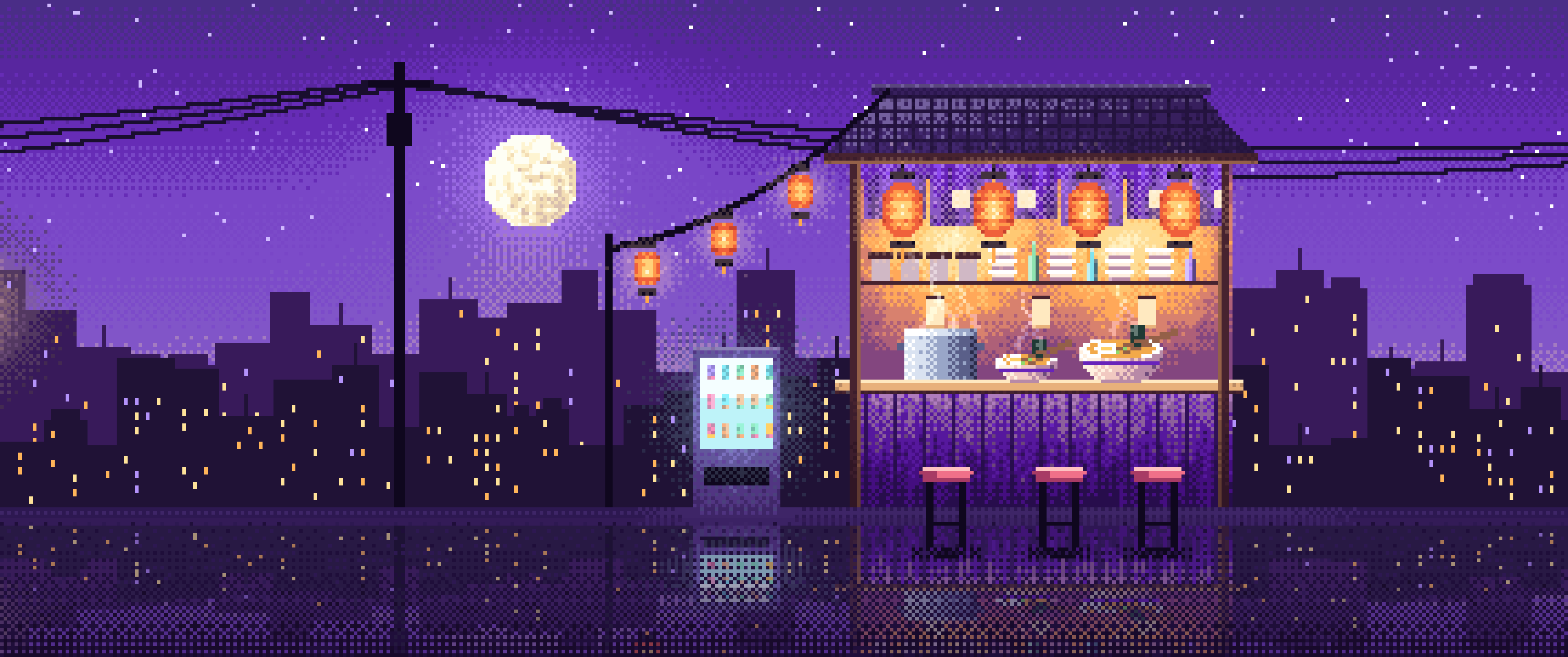 Purple Pixel Art Ramen Stall at Night ultrawide wallpaper, 3440 × 1440