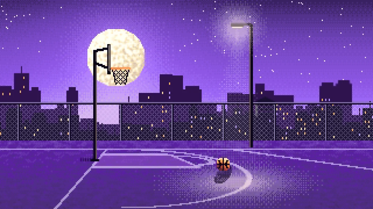 Purple Pixel Art Rooftop Basketball Court desktop wallpaper in 4K