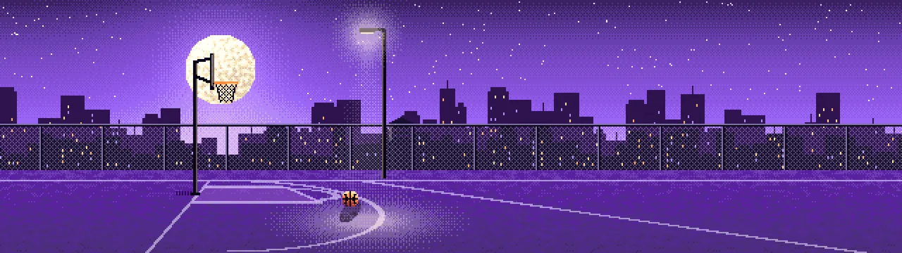 Purple Pixel Art Rooftop Basketball Court dual monitor wallpaper, 7680 × 2160