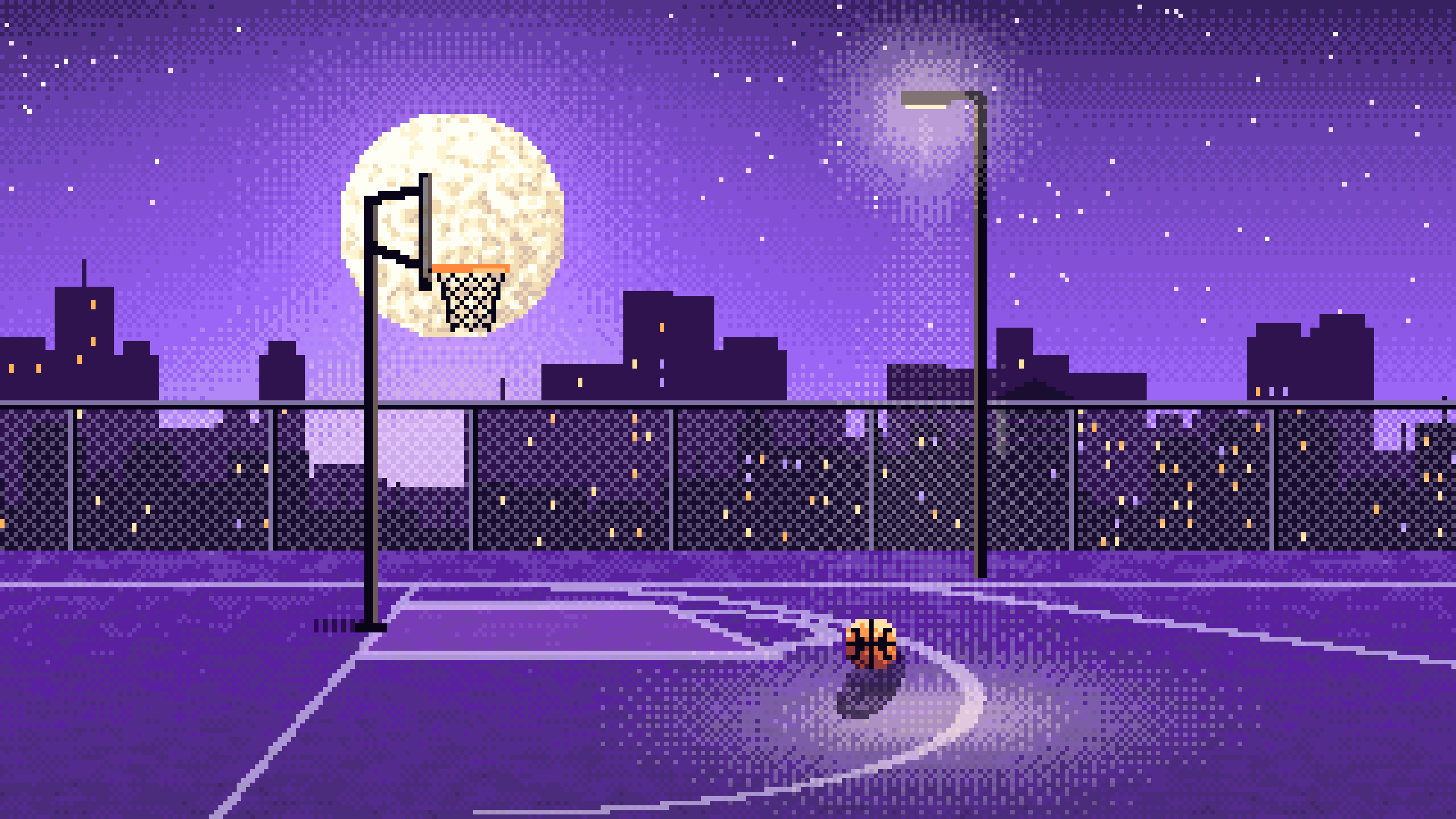 Purple Pixel Art Rooftop Basketball Court desktop wallpaper in 4K