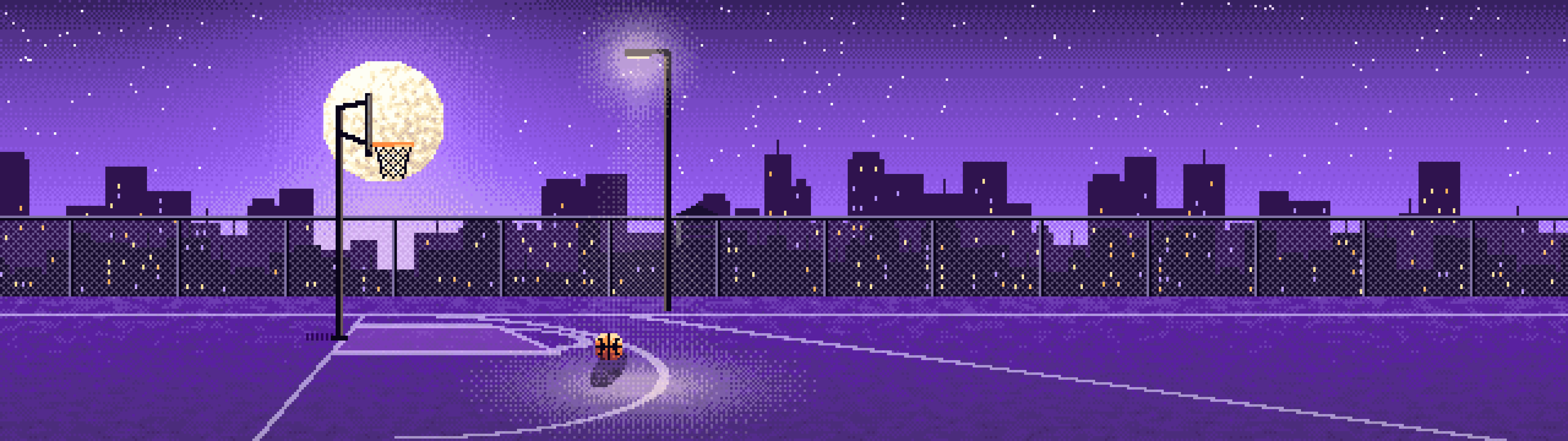 Purple Pixel Art Rooftop Basketball Court dual monitor wallpaper, 7680 × 2160