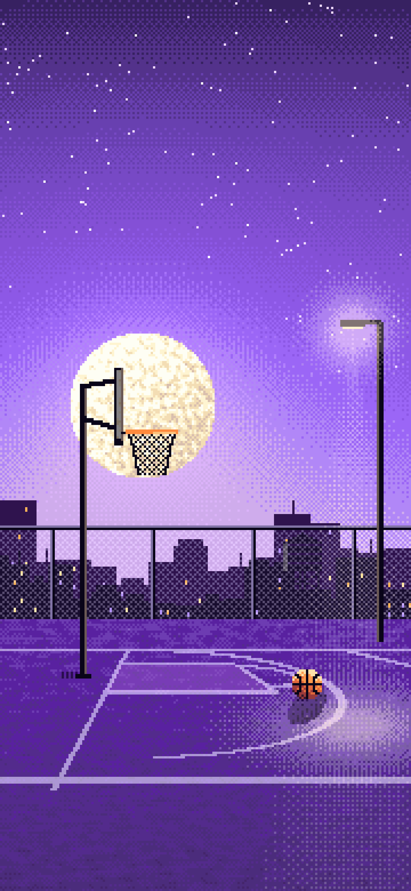 Purple Pixel Art Rooftop Basketball Court wallpaper for iPhone and Android