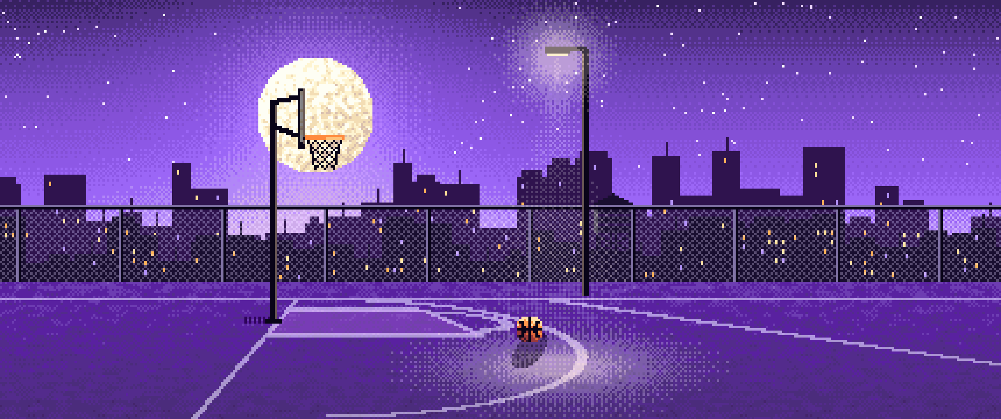 Purple Pixel Art Rooftop Basketball Court ultrawide wallpaper, 3440 × 1440