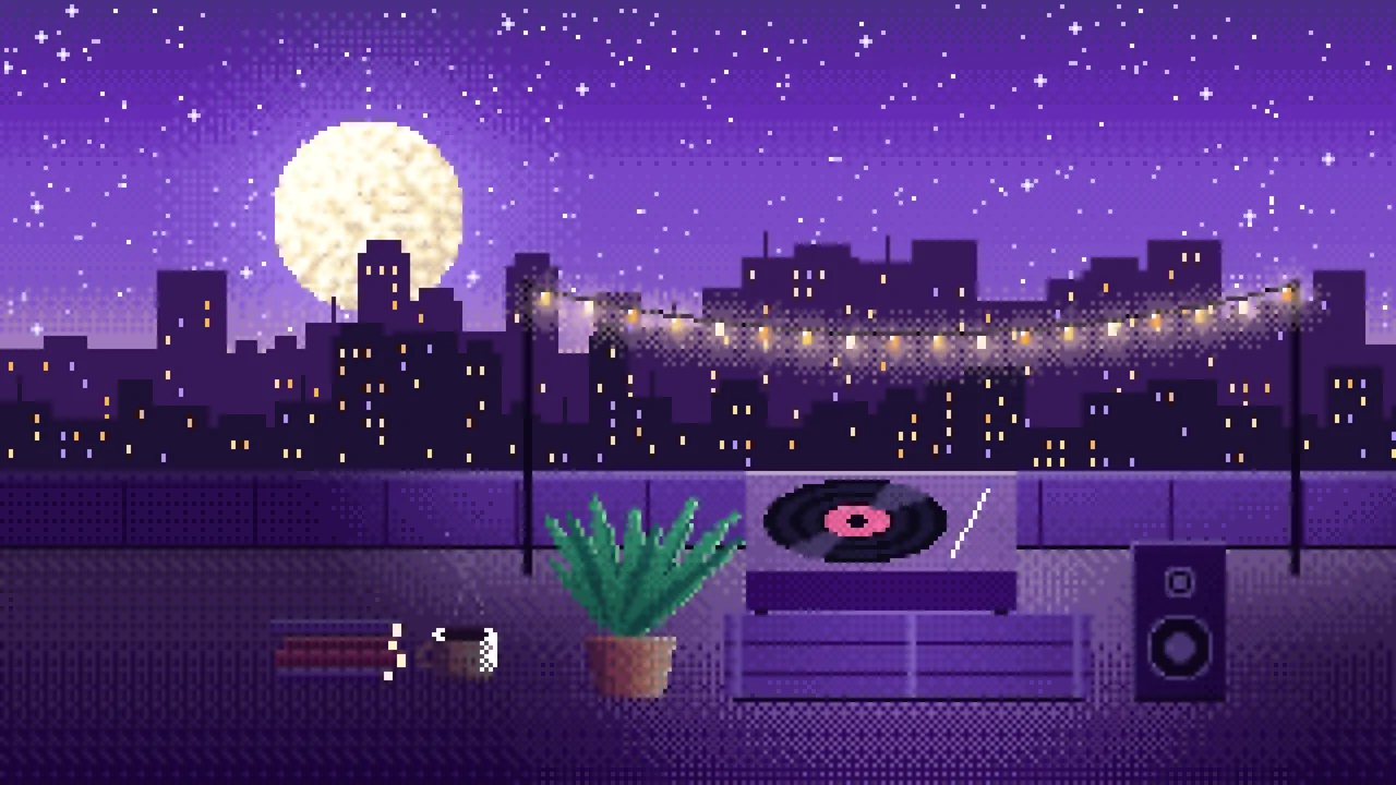 Purple Pixel Art Rooftop Record Player desktop wallpaper in 4K