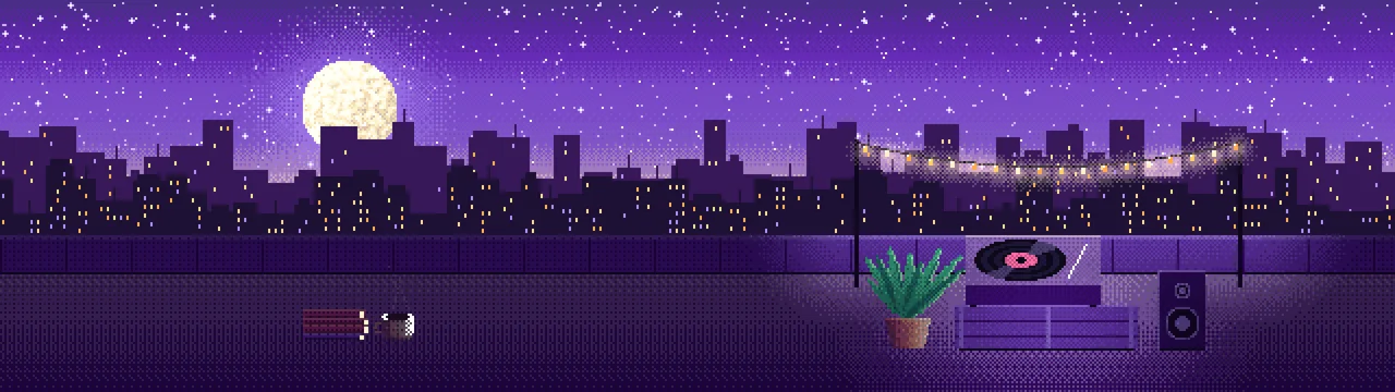 Purple Pixel Art Rooftop Record Player dual monitor wallpaper, 7680 × 2160