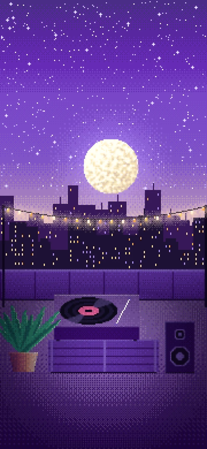 Purple Pixel Art Rooftop Record Player wallpaper for iPhone and Android