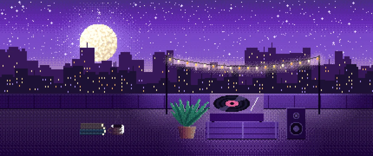 Purple Pixel Art Rooftop Record Player ultrawide wallpaper, 3440 × 1440