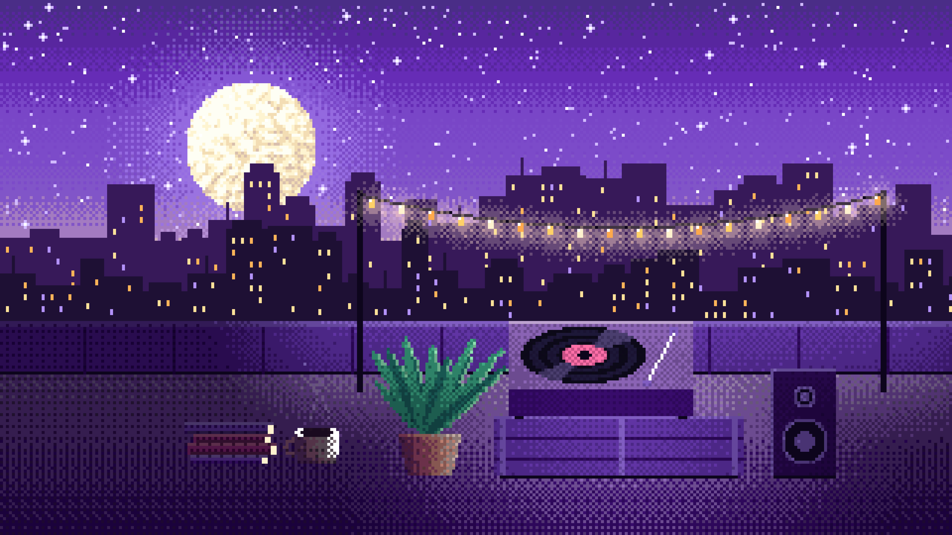 Purple Pixel Art Rooftop Record Player desktop wallpaper in 4K