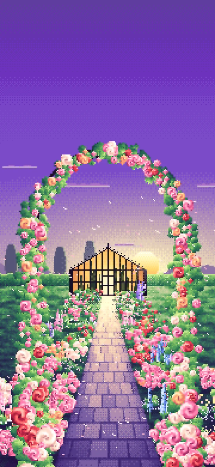 Purple Pixel Art Rose Garden at Sunset wallpaper for iPhone and Android