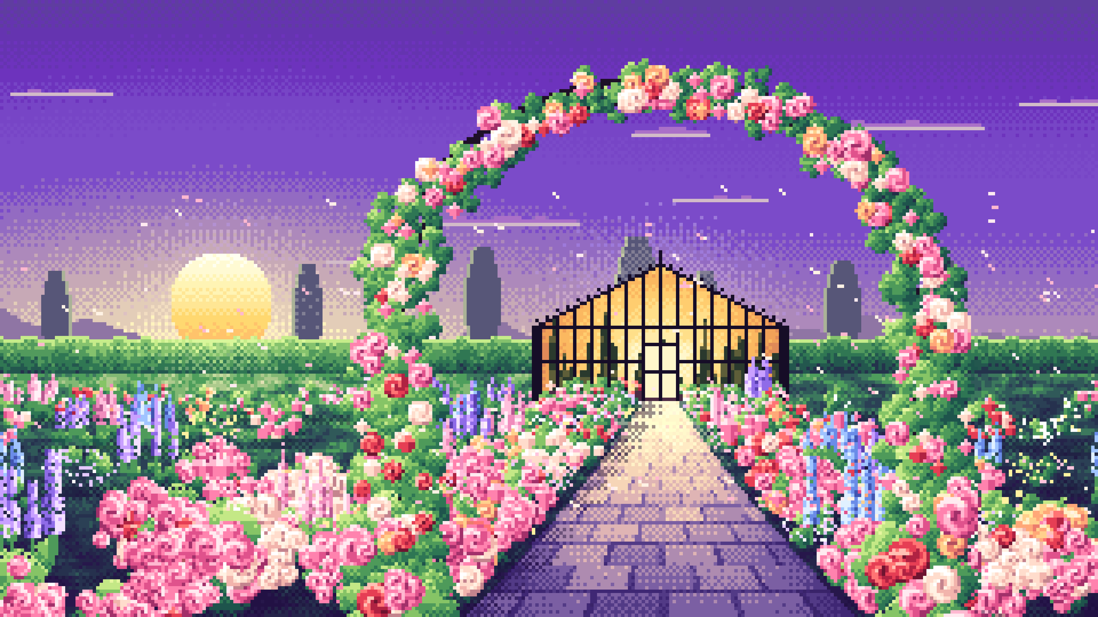 Purple Pixel Art Rose Garden at Sunset desktop wallpaper in 4K