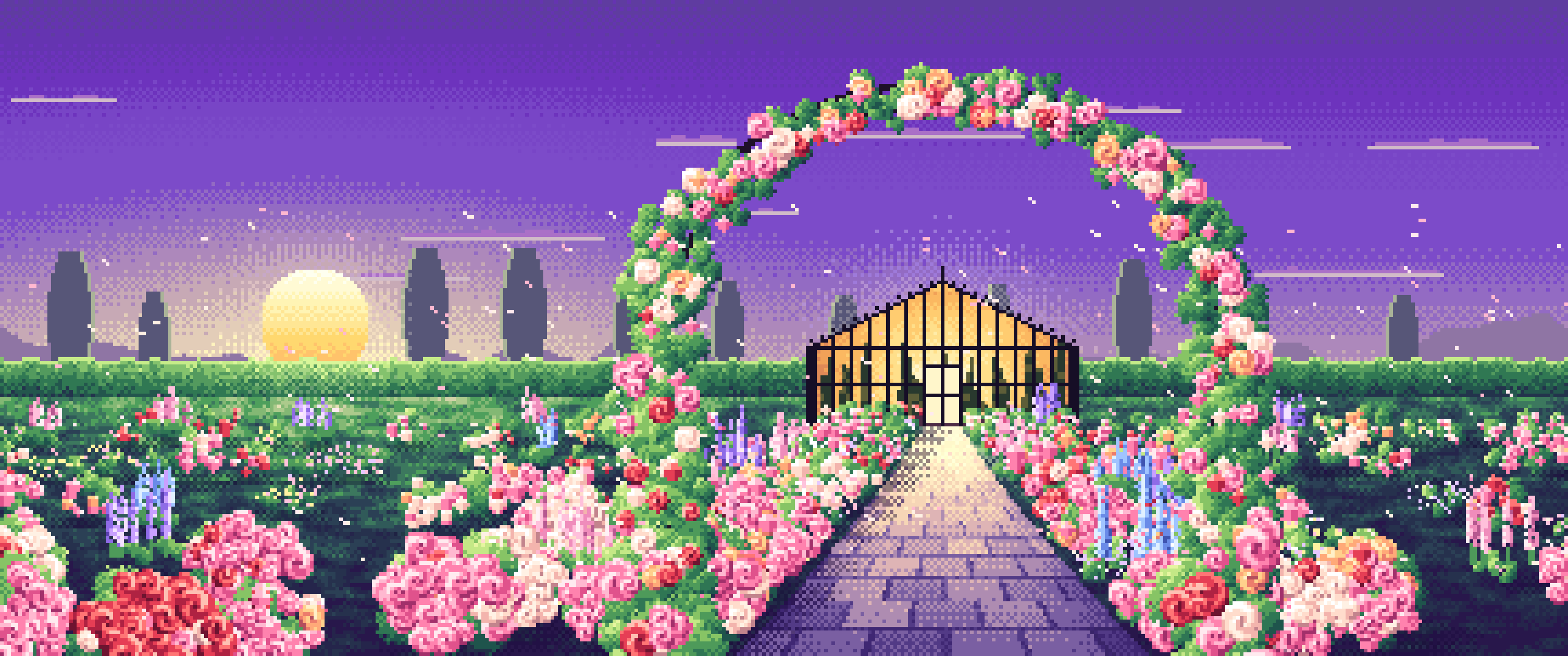 Purple Pixel Art Rose Garden at Sunset ultrawide wallpaper, 3440 × 1440