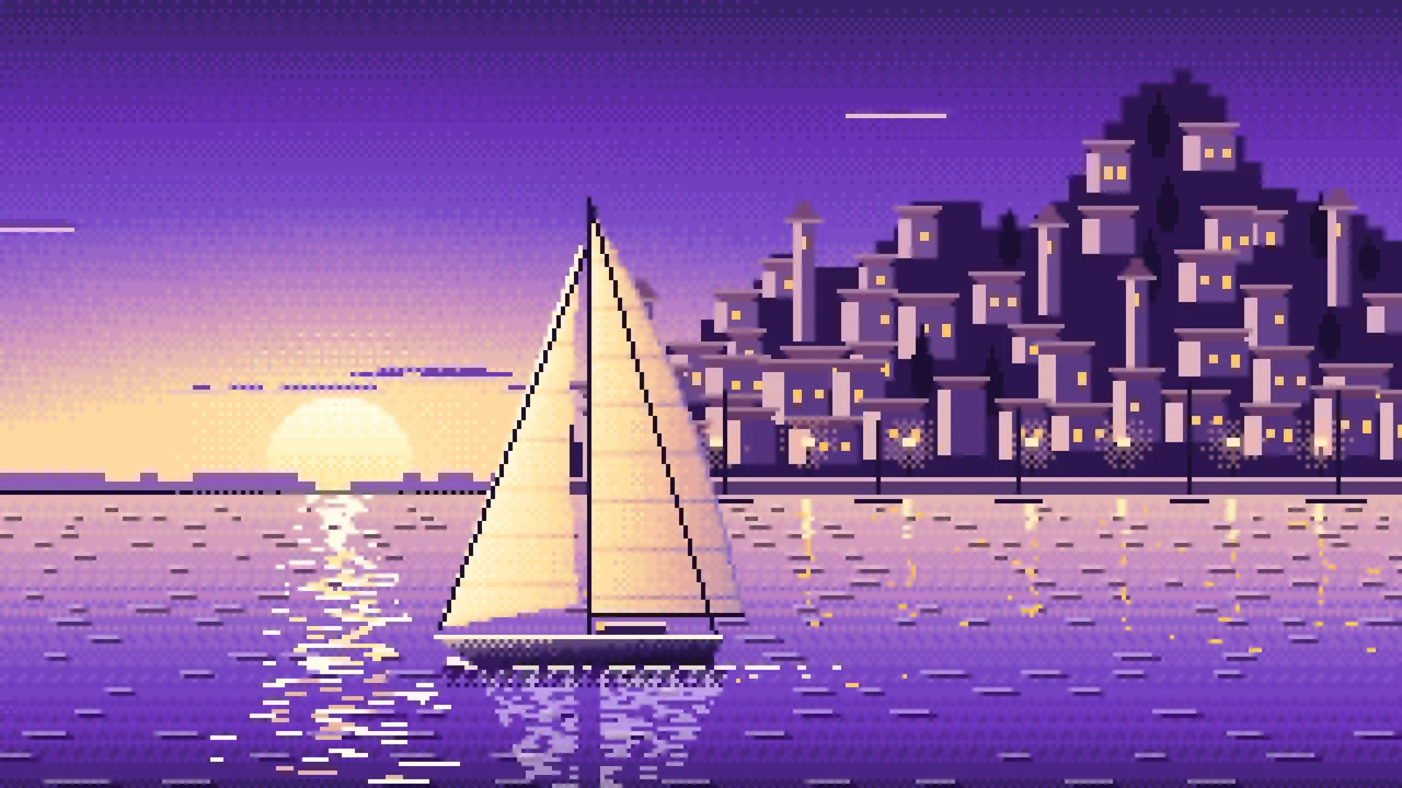 Purple Pixel Art Sailboat at Sunset by a Harbor Town desktop wallpaper in 4K
