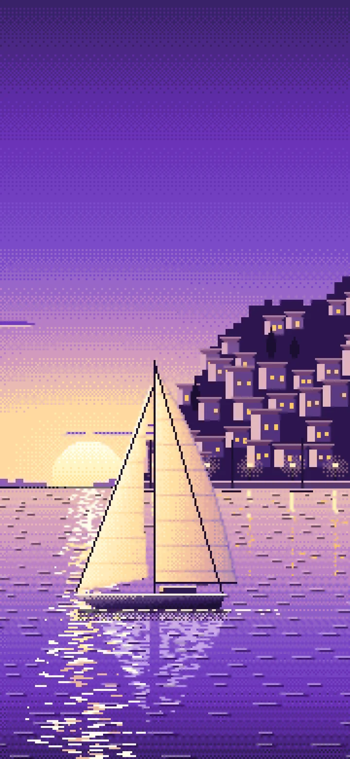 Purple Pixel Art Sailboat at Sunset by a Harbor Town wallpaper for iPhone and Android