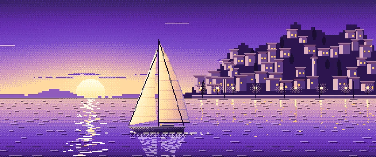 Purple Pixel Art Sailboat at Sunset by a Harbor Town ultrawide wallpaper, 3440 × 1440
