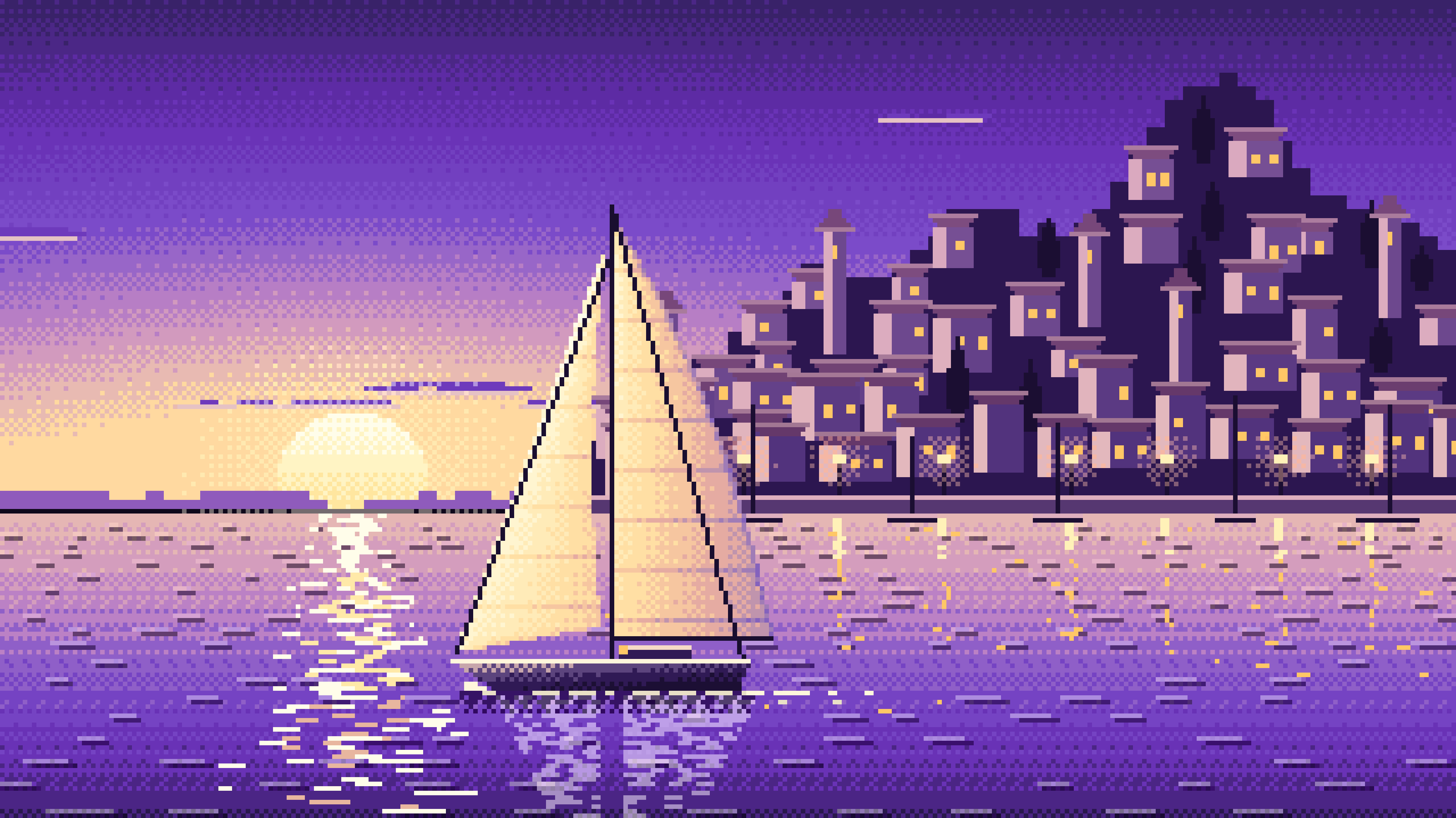 Purple Pixel Art Sailboat at Sunset by a Harbor Town desktop wallpaper in 4K