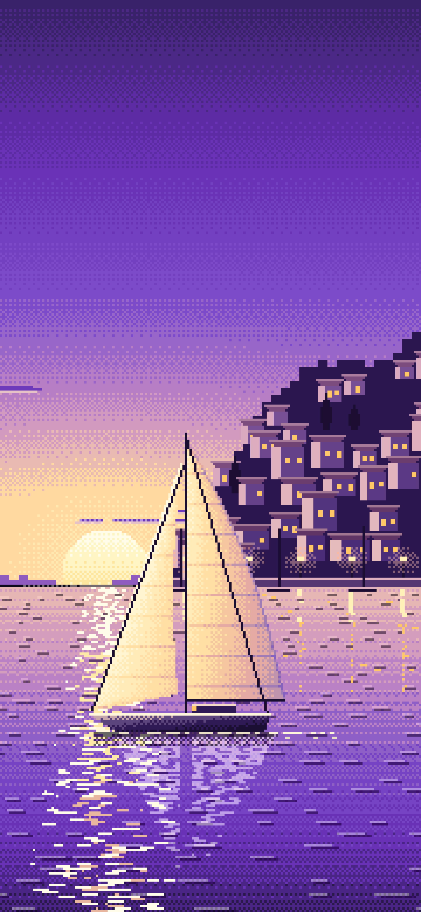 Purple Pixel Art Sailboat at Sunset by a Harbor Town wallpaper for iPhone and Android