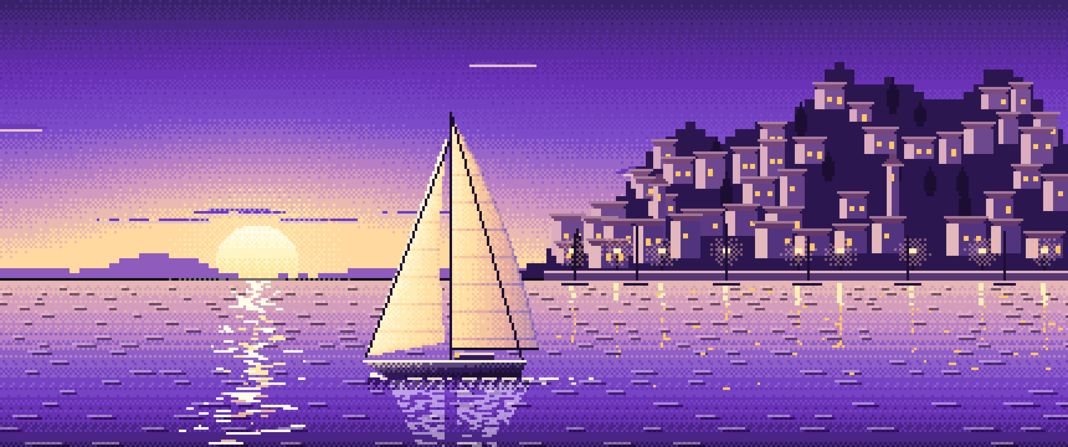 Purple Pixel Art Sailboat at Sunset by a Harbor Town ultrawide wallpaper, 3440 × 1440