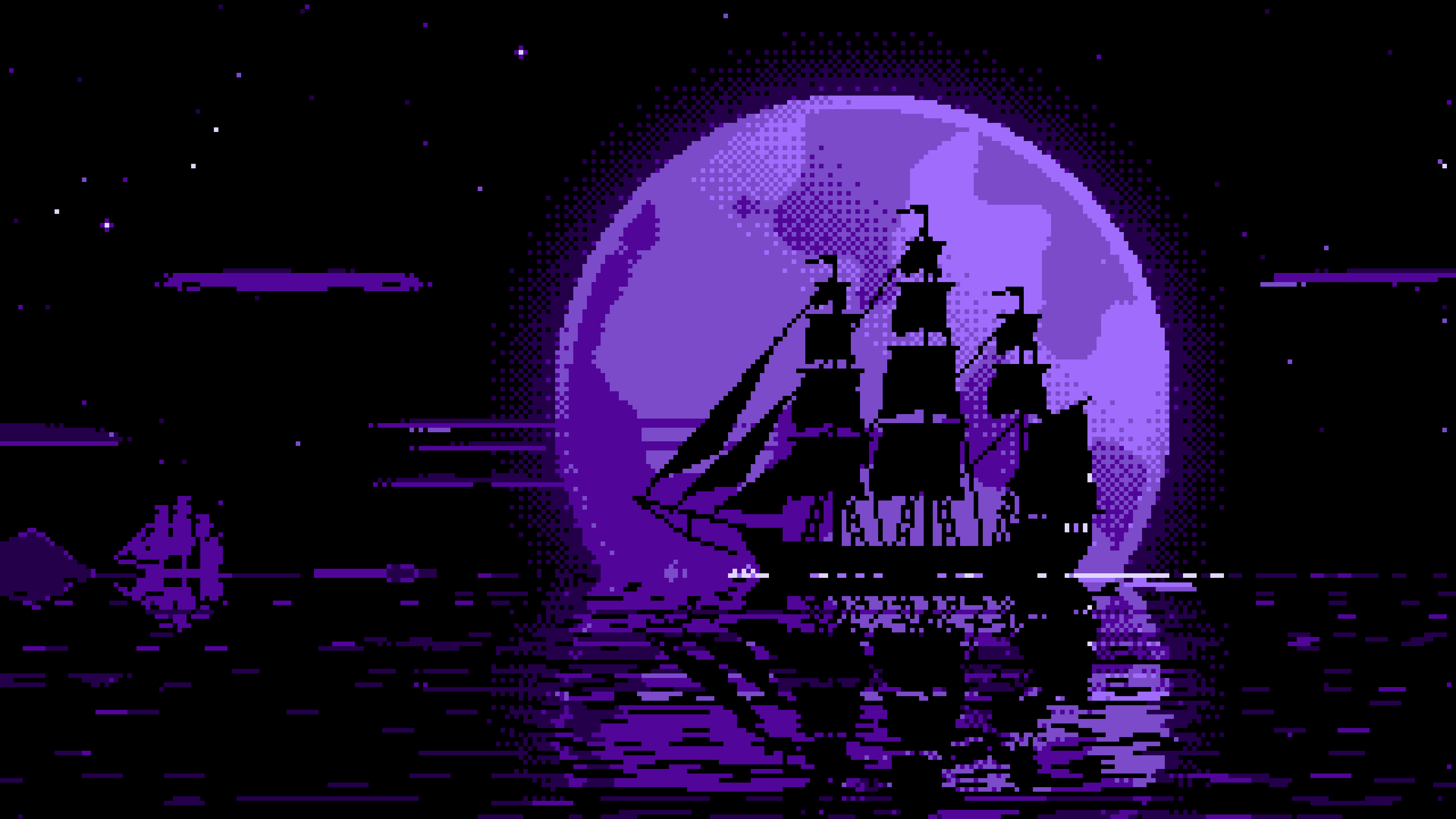 Purple Pixel Art Sailing Ship and Full Moon desktop wallpaper in 4K