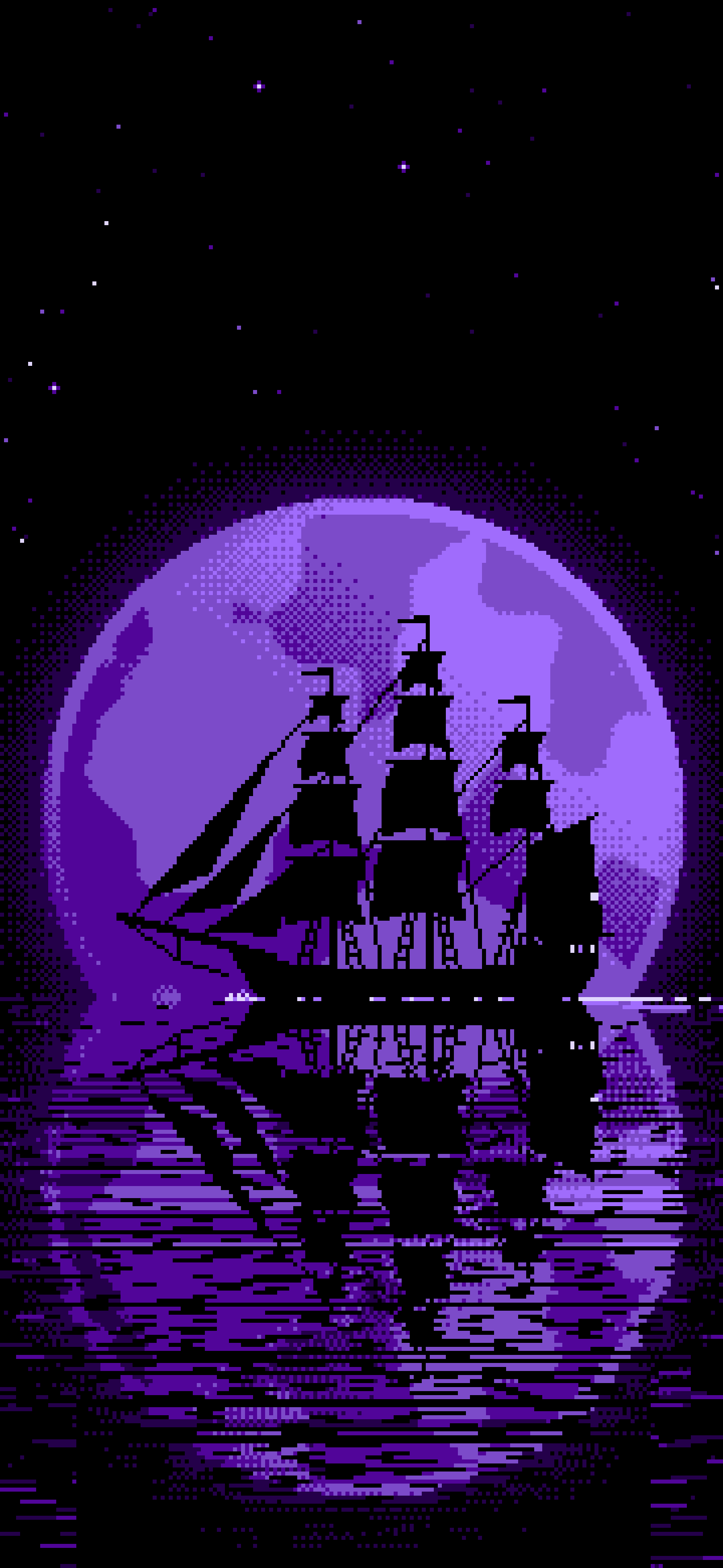 Purple Pixel Art Sailing Ship and Full Moon wallpaper for iPhone and Android