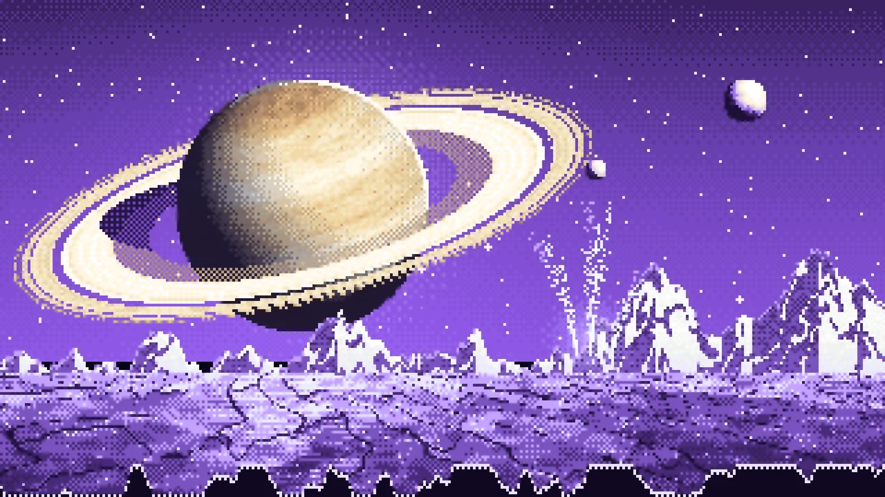 Purple Pixel Art Saturn Over an Icy World desktop wallpaper in 4K