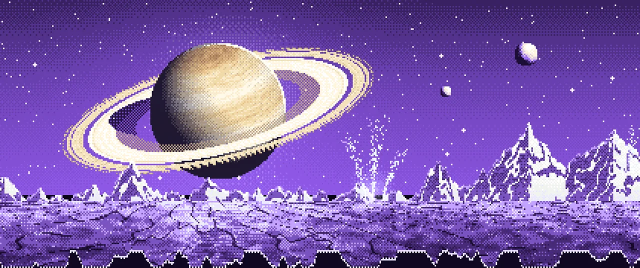 Purple Pixel Art Saturn Over an Icy World ultrawide wallpaper, 3440 × 1440