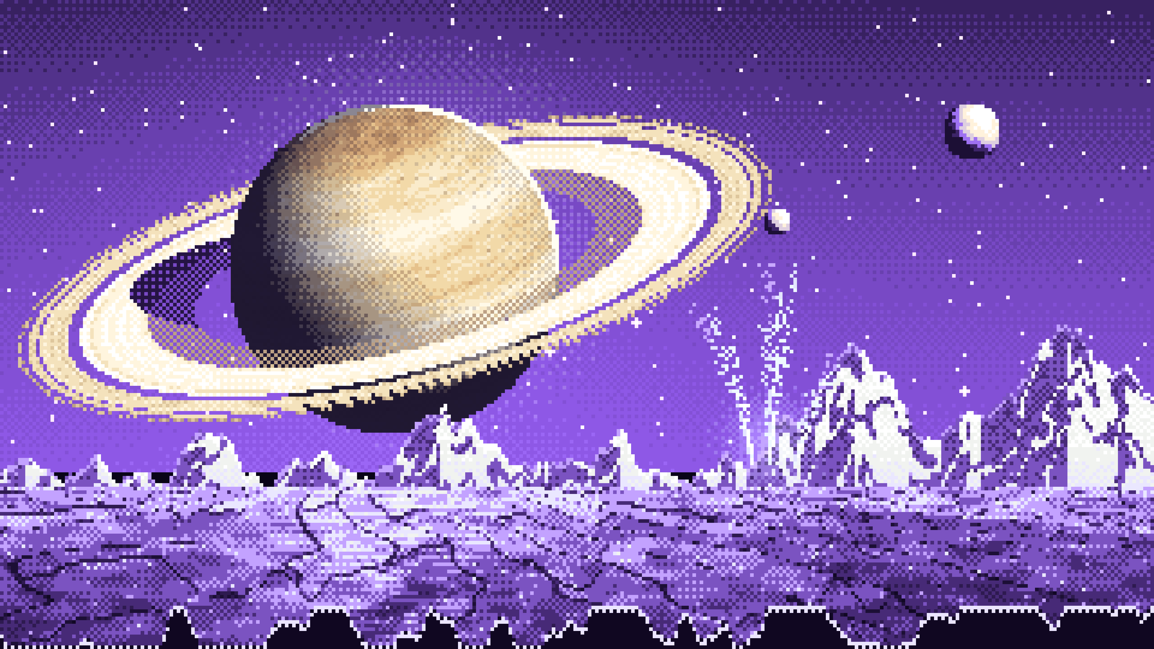 Purple Pixel Art Saturn Over an Icy World desktop wallpaper in 4K