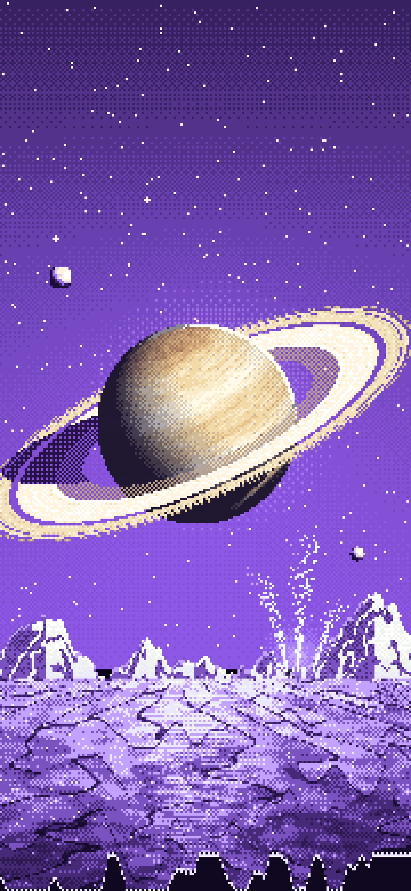 Purple Pixel Art Saturn Over an Icy World wallpaper for iPhone and Android